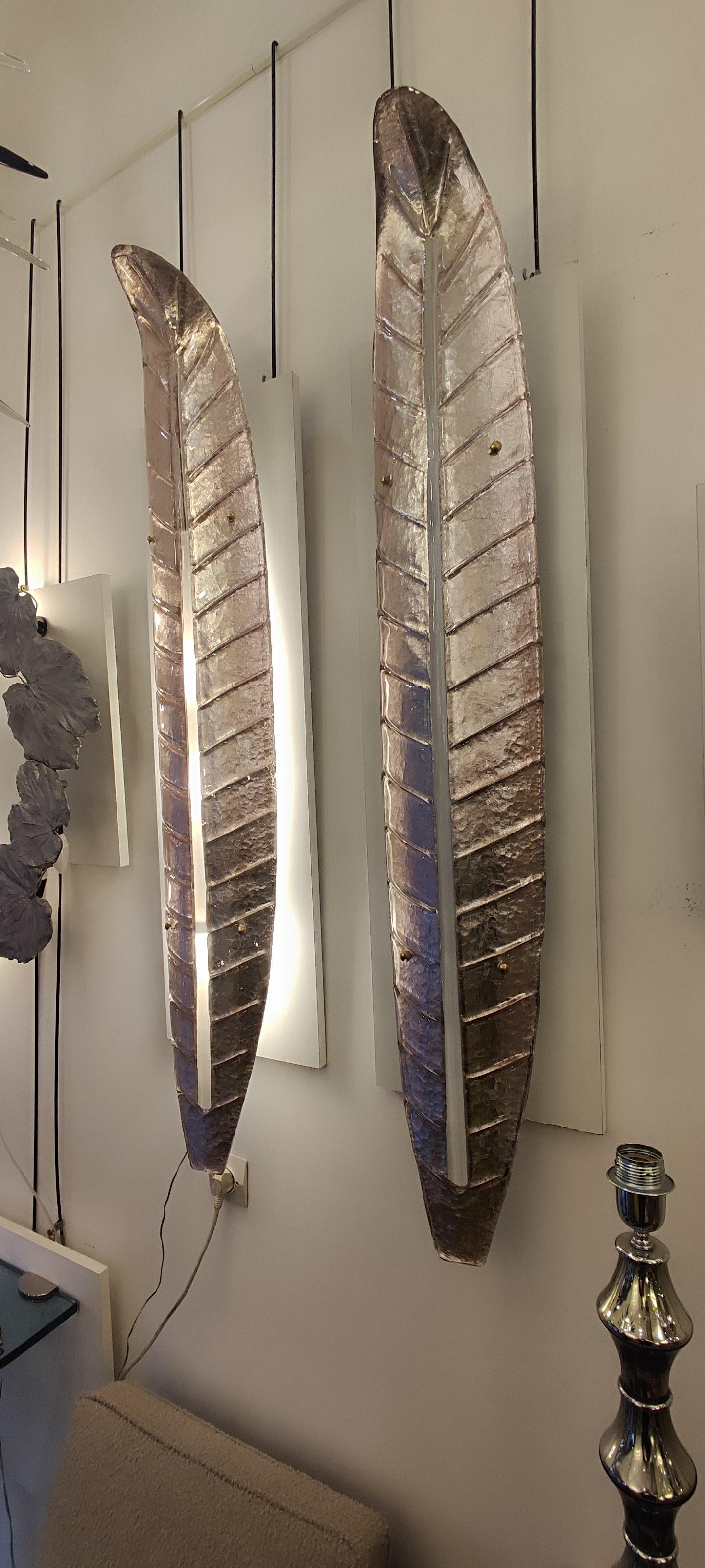 Spectacular Pair of Murano Glass Silver-light pink Leaves Wall Sconces For Sale 11