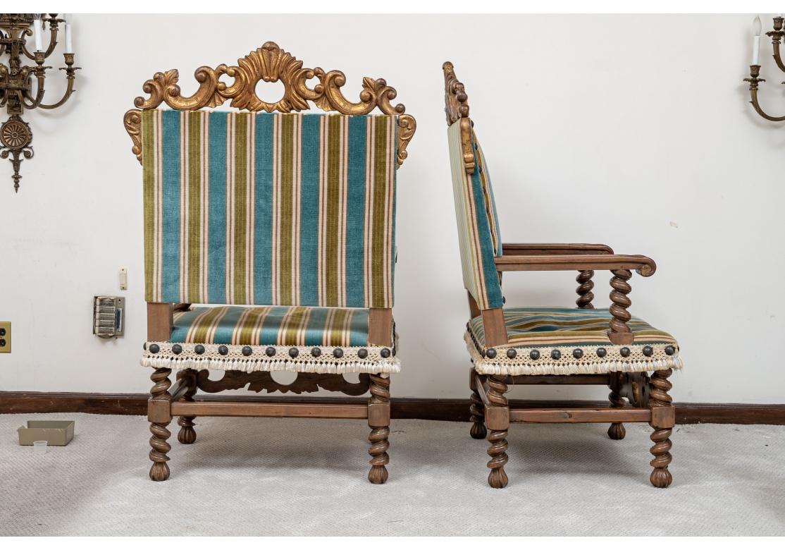 Fabric Spectacular Pair of Ornate Oversized Gilt Throne Chairs For Sale