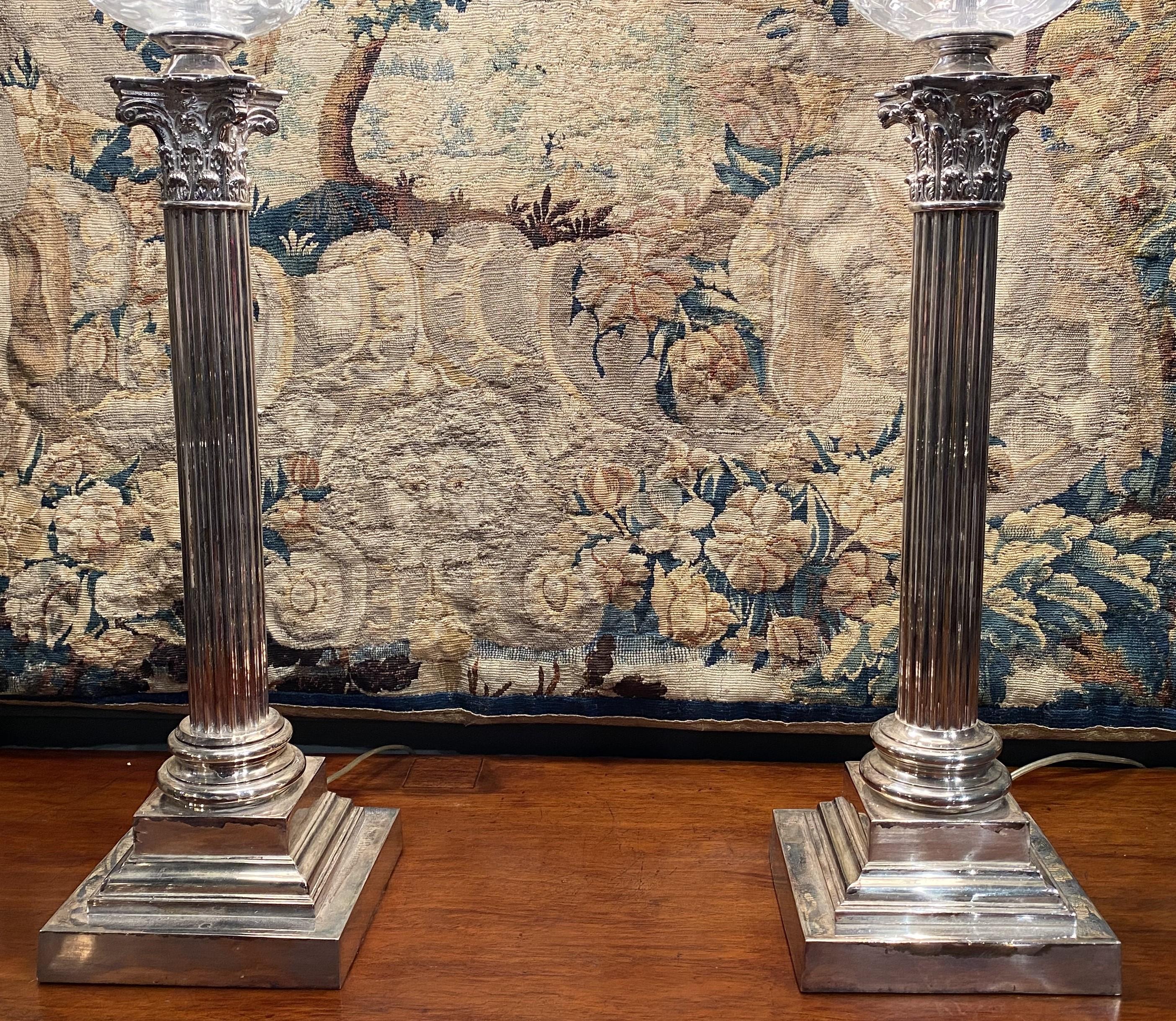 English  Spectacular Pair of Sheffield Fluted Columnar Banquet Lamps For Sale