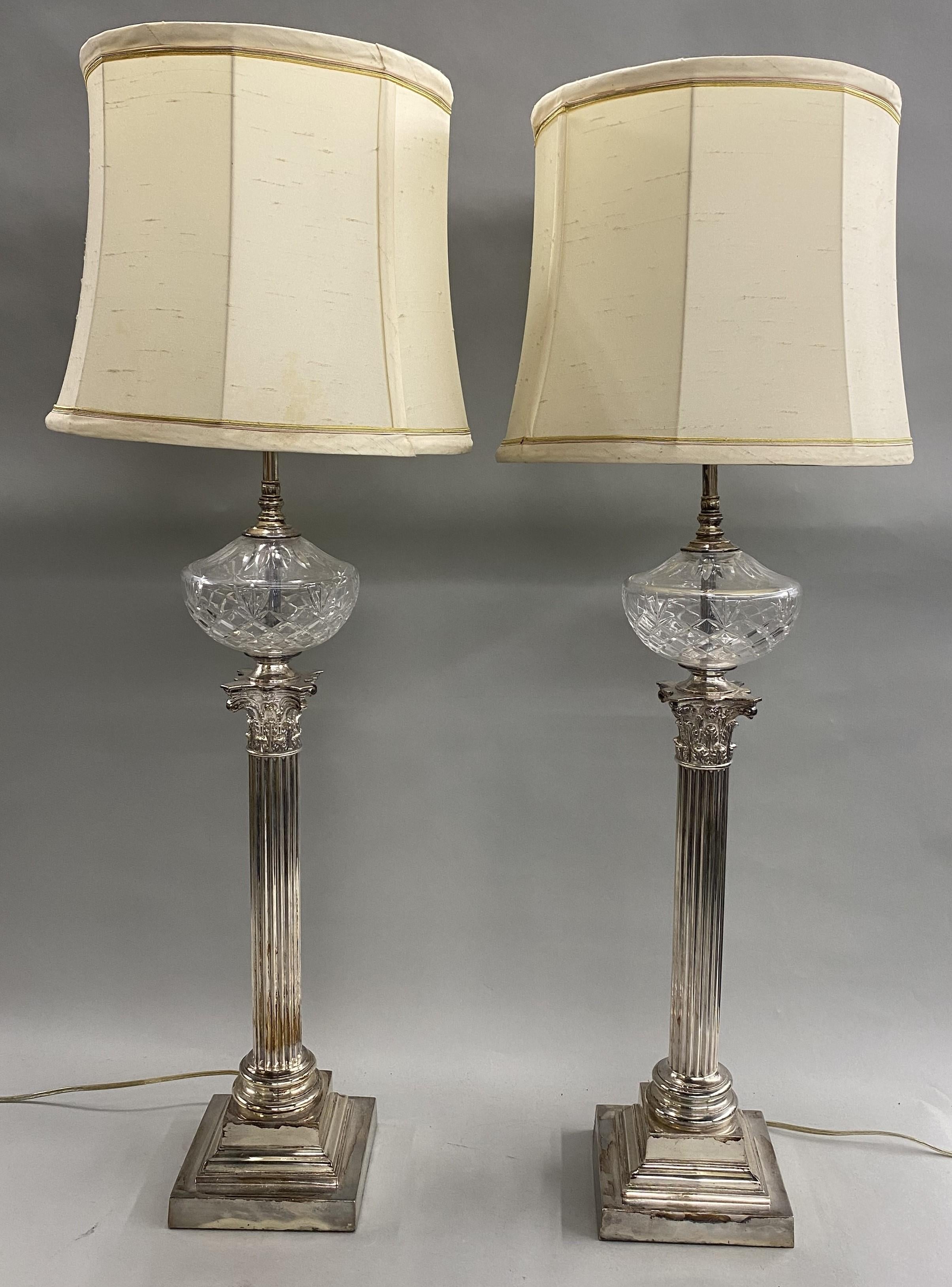 Hand-Crafted  Spectacular Pair of Sheffield Fluted Columnar Banquet Lamps For Sale