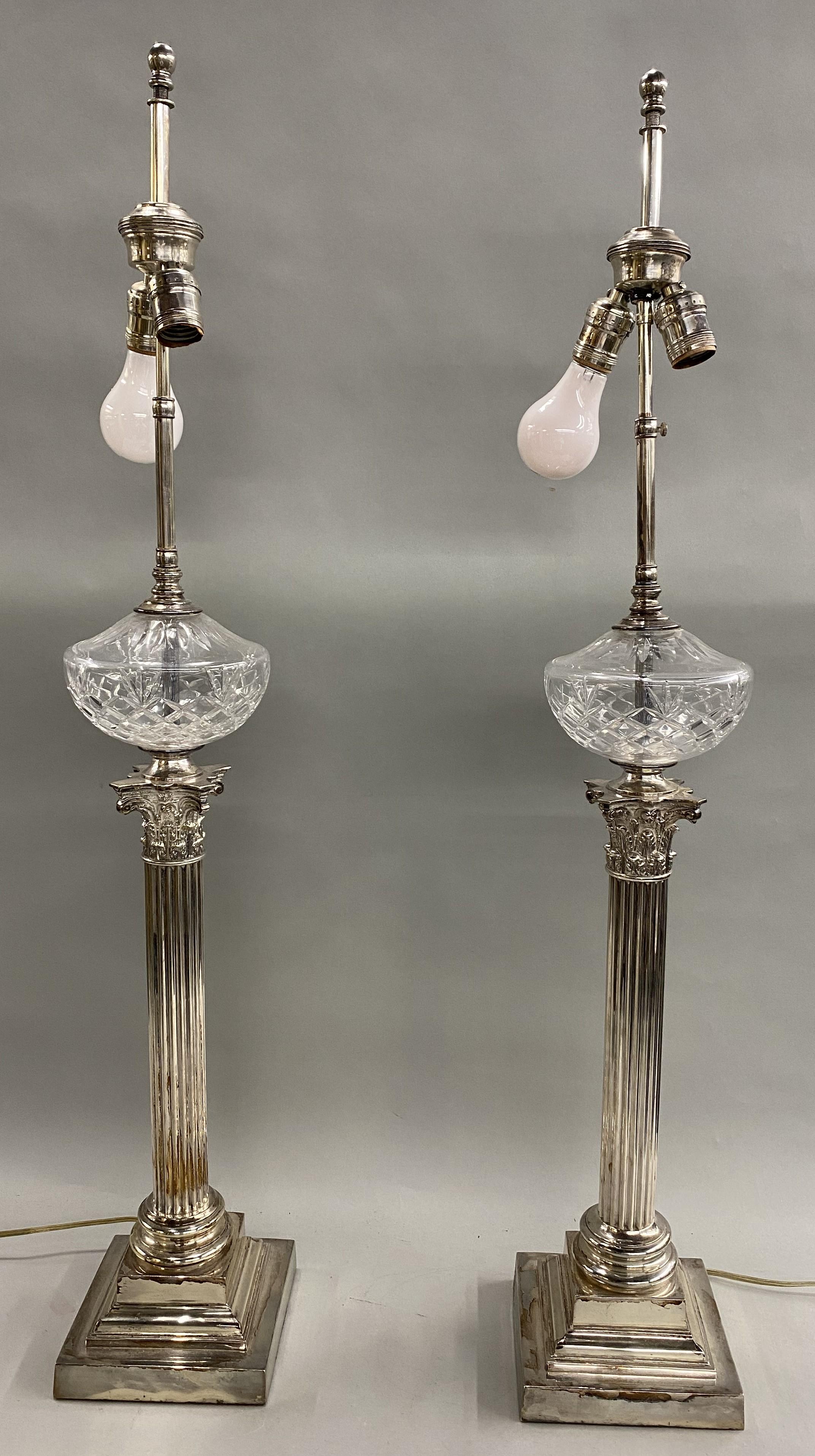  Spectacular Pair of Sheffield Fluted Columnar Banquet Lamps In Good Condition For Sale In Milford, NH