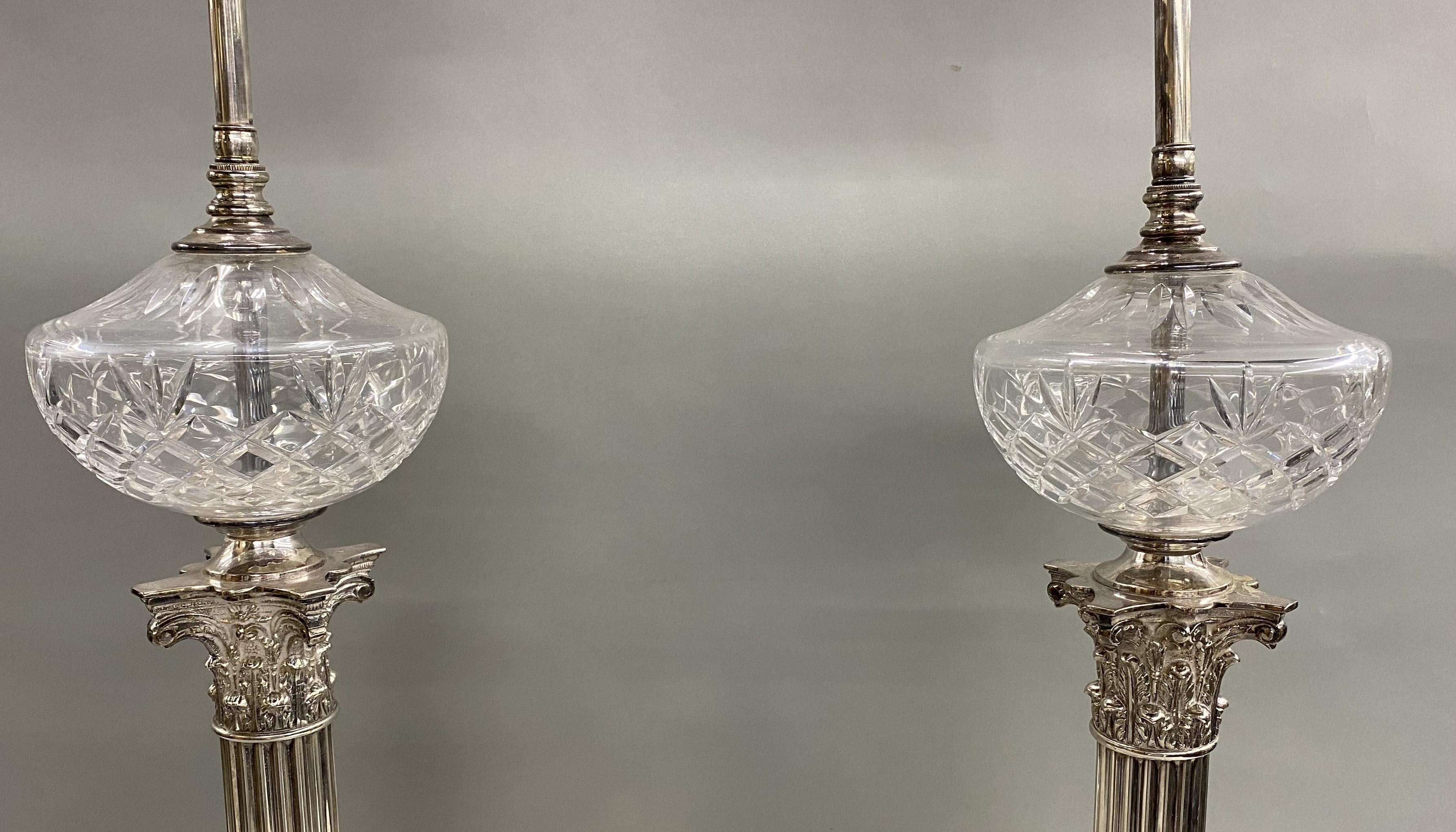 Sheffield Plate  Spectacular Pair of Sheffield Fluted Columnar Banquet Lamps For Sale