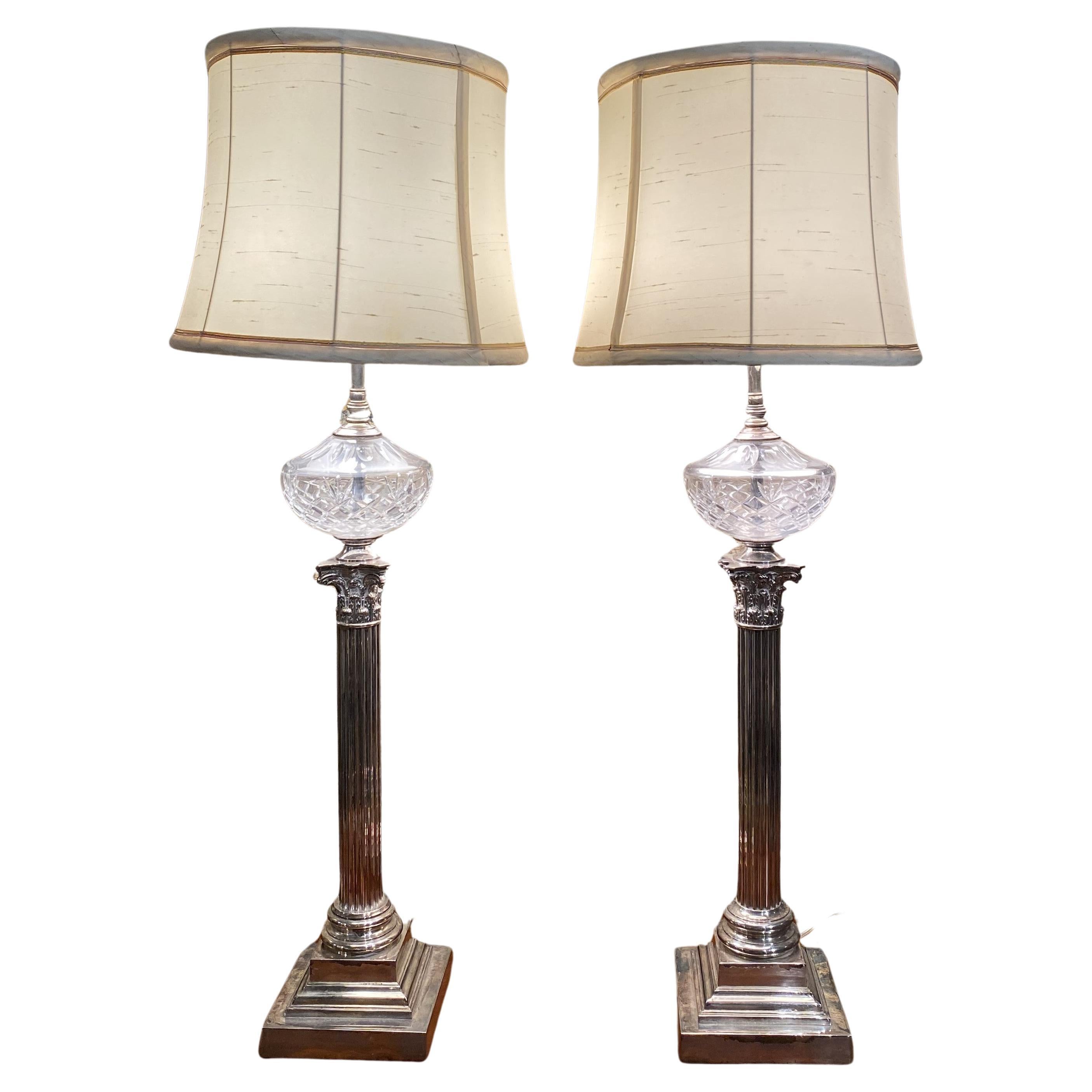  Spectacular Pair of Sheffield Fluted Columnar Banquet Lamps For Sale