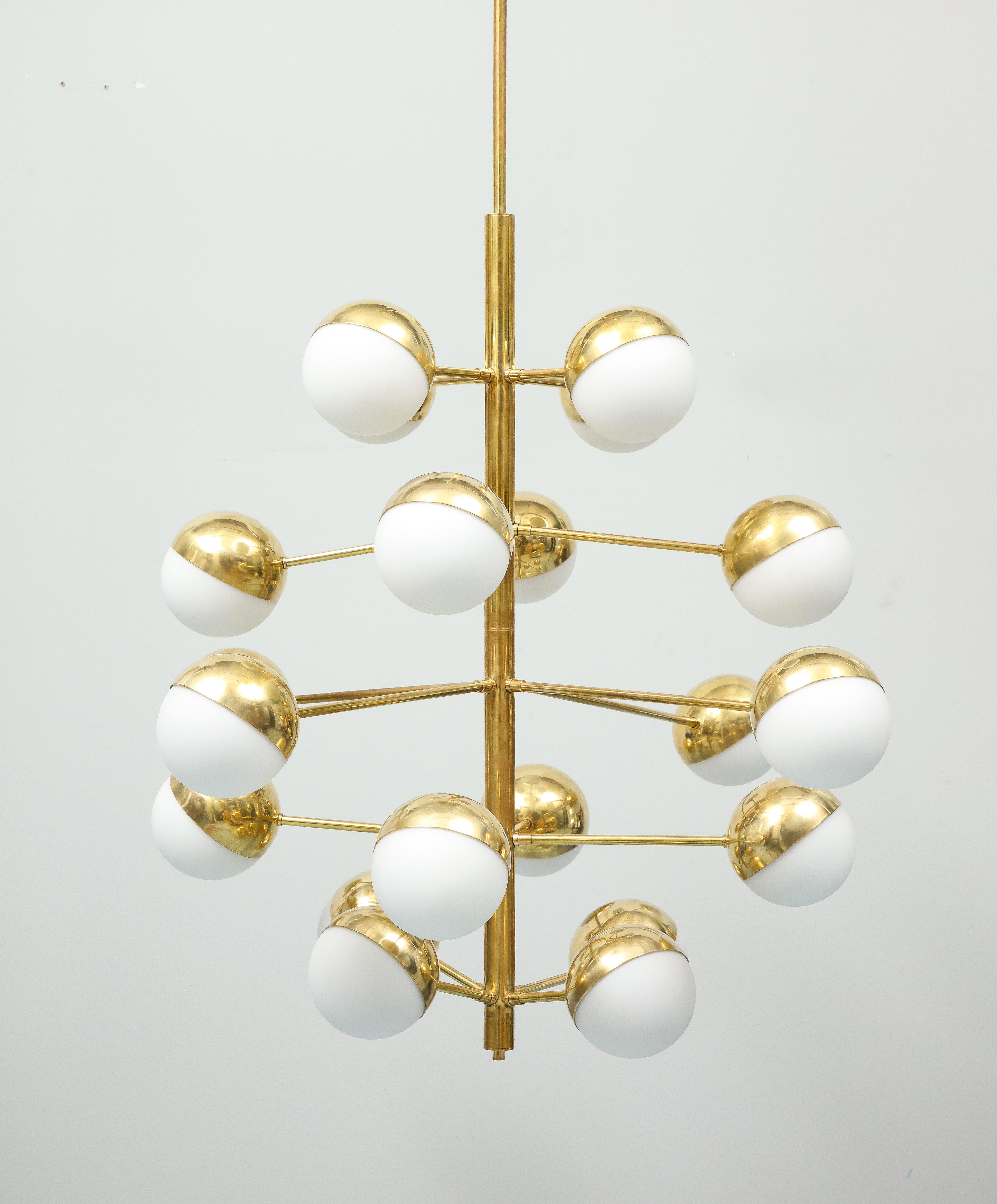 Mid-Century Modern Spectacular Pair Of Brass And Opaline Globes  Pendants For Sale