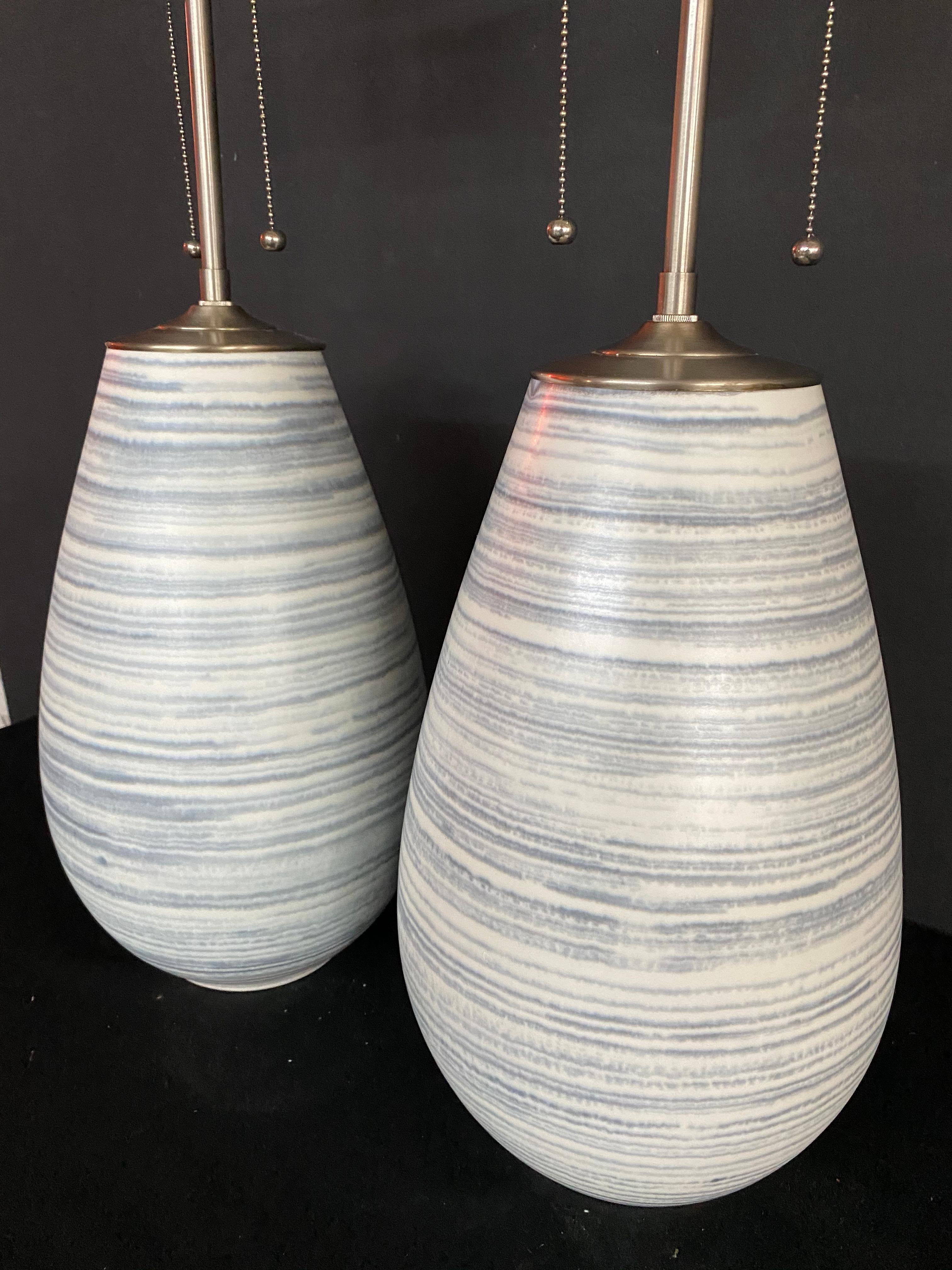 Modern Spectacular Pair of Unique Blue & White Striae Orbs with Lamp Application