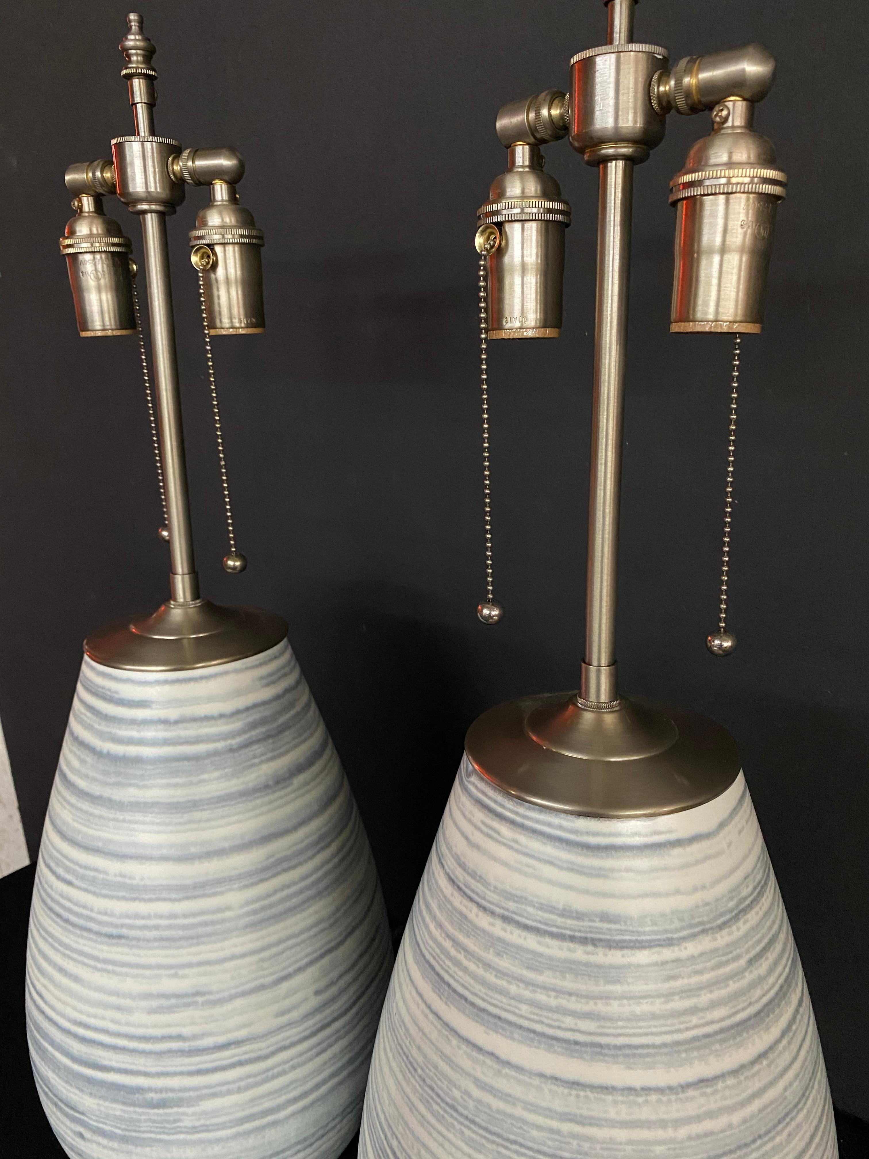 European Spectacular Pair of Unique Blue & White Striae Orbs with Lamp Application For Sale