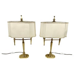Spektakuläres Paar Vintage-Tischlampen aus vergoldetem Metall und Stoff mit Stoffschirmen