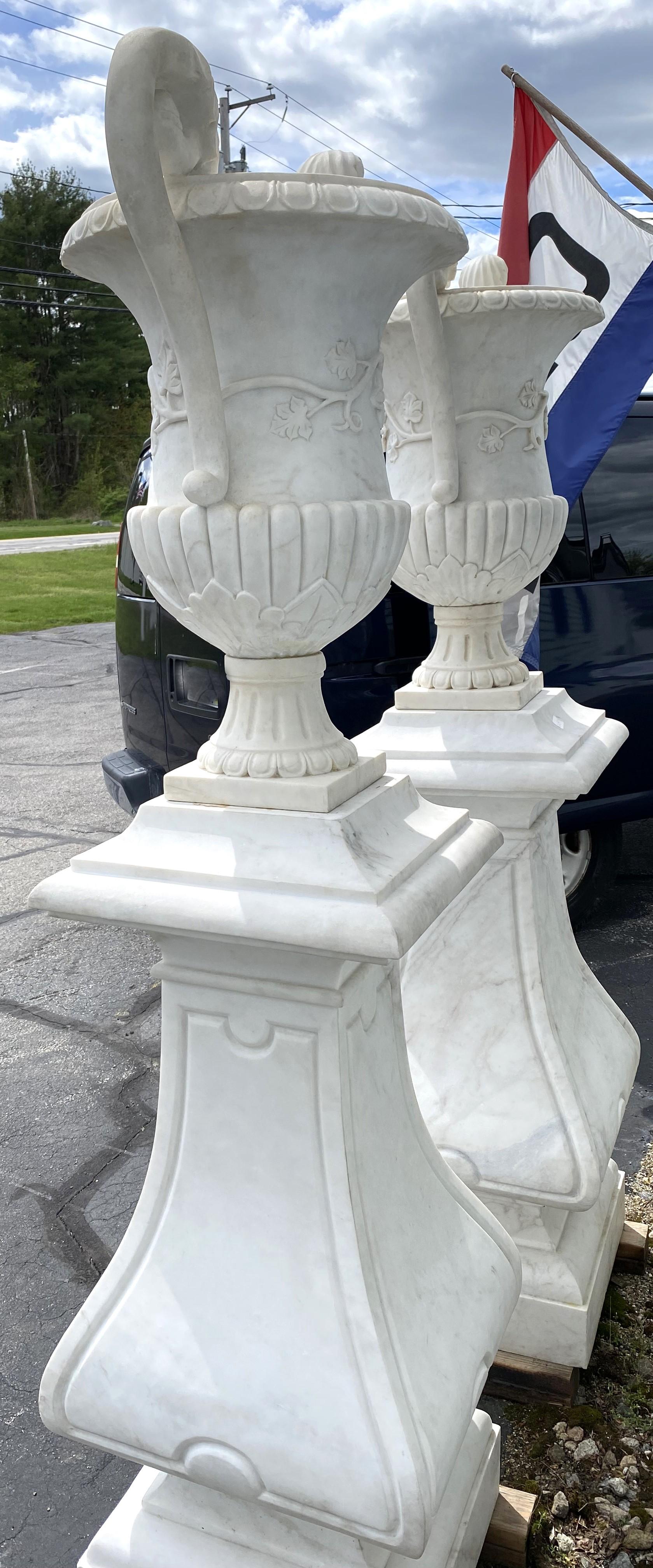 Spectacular Pair of White Marble Classic Form Handled Urns w/ Baluster Pedestals For Sale 3