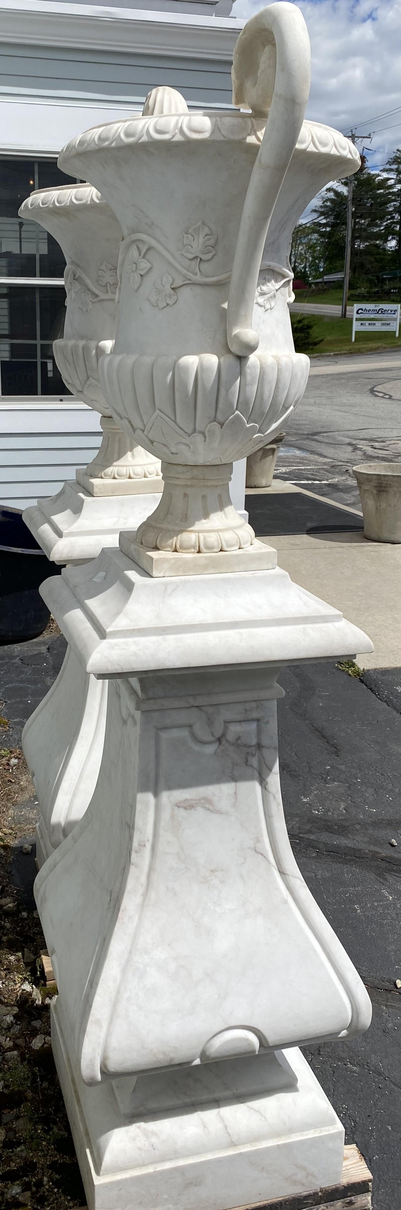 Spectacular Pair of White Marble Classic Form Handled Urns w/ Baluster Pedestals For Sale 4