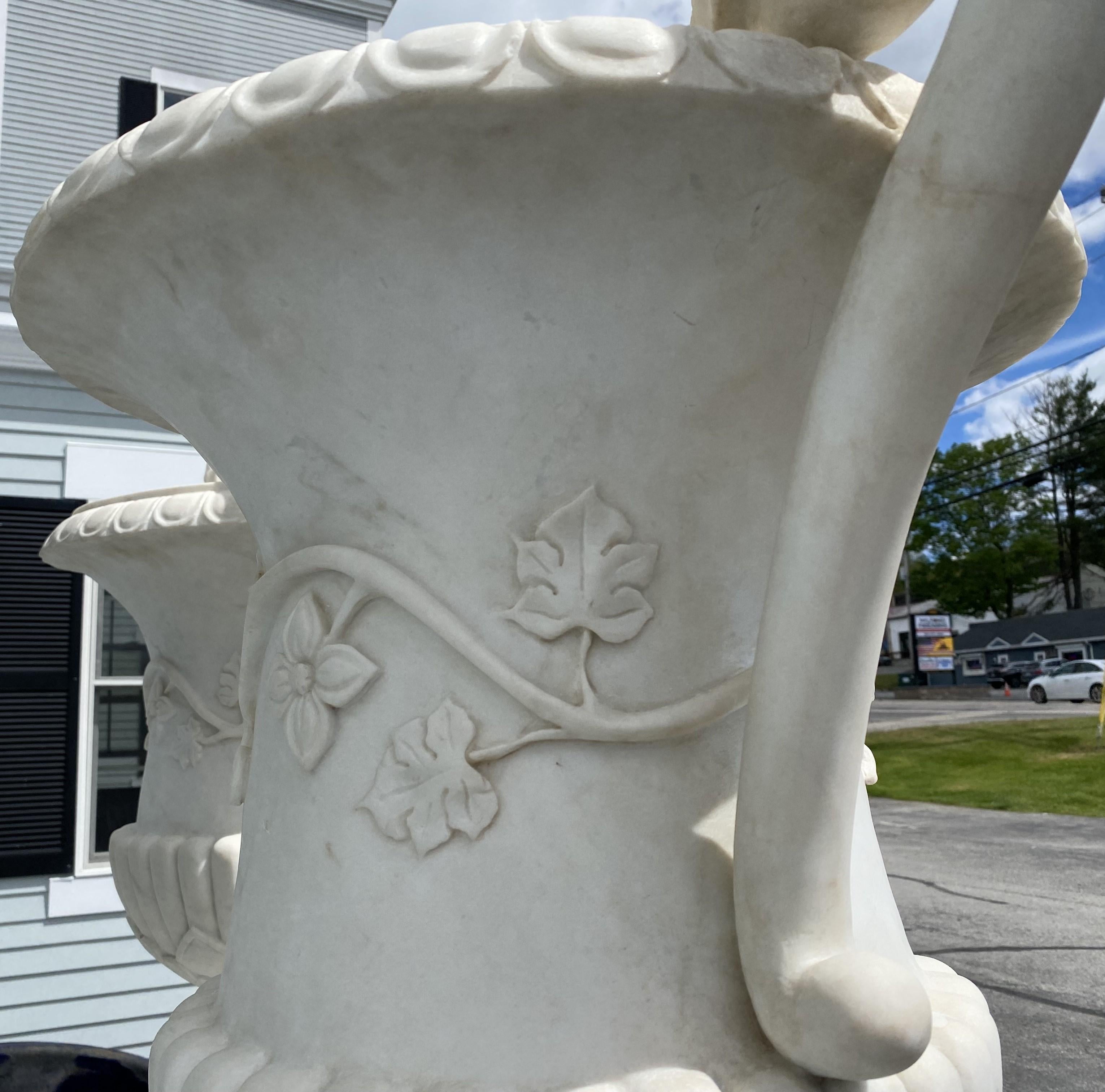 Spectacular Pair of White Marble Classic Form Handled Urns w/ Baluster Pedestals For Sale 5