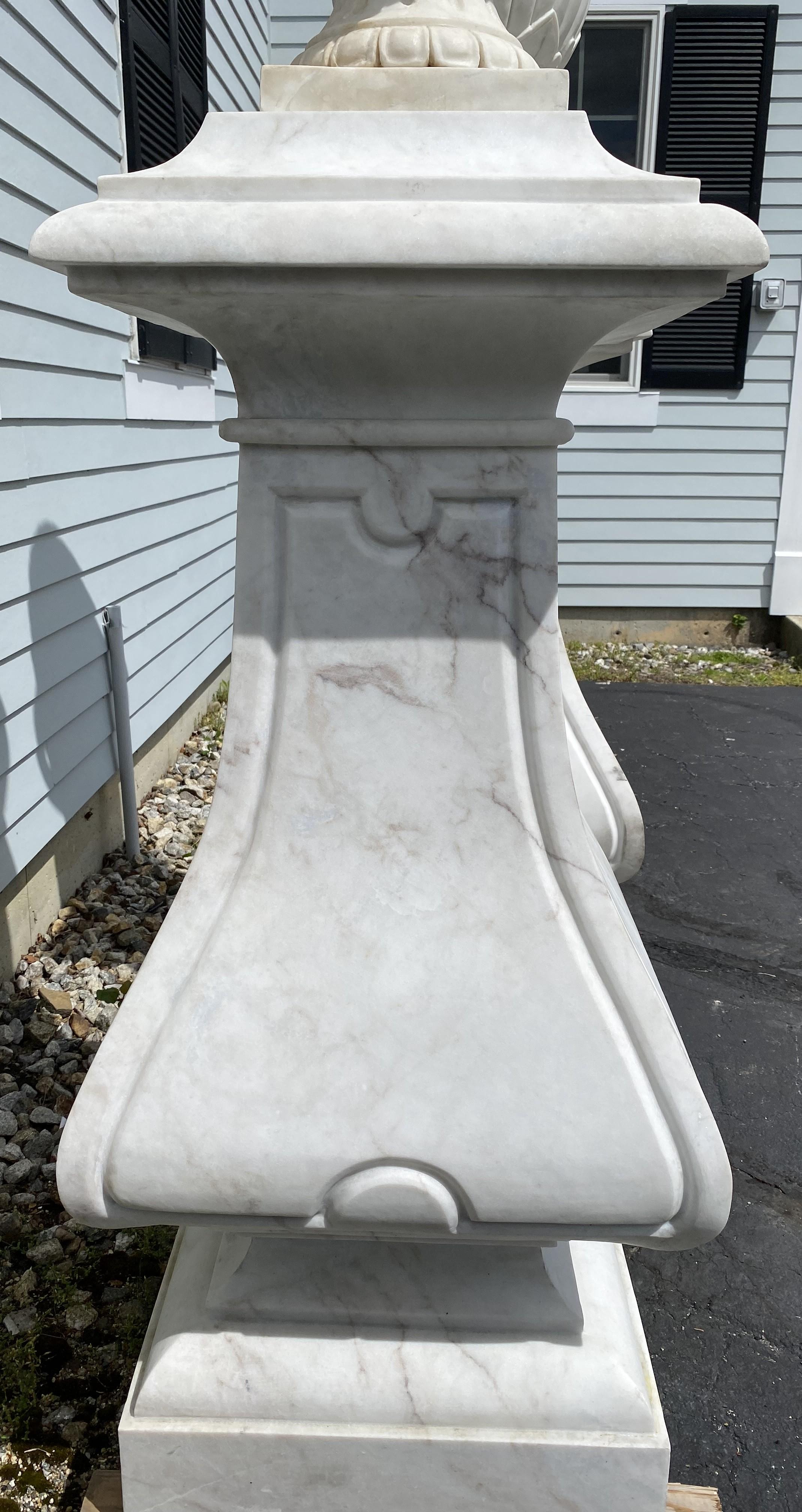 Spectacular Pair of White Marble Classic Form Handled Urns w/ Baluster Pedestals For Sale 6