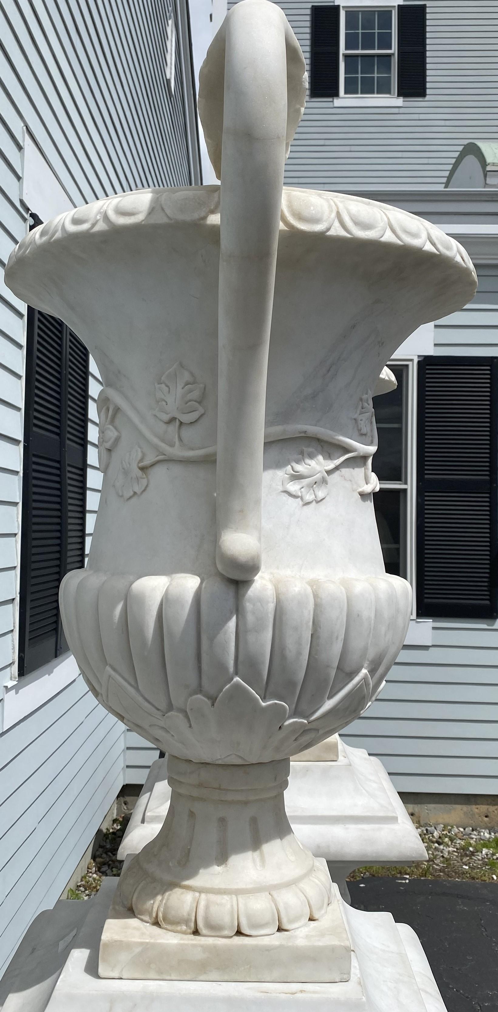 Spectacular Pair of White Marble Classic Form Handled Urns w/ Baluster Pedestals For Sale 7