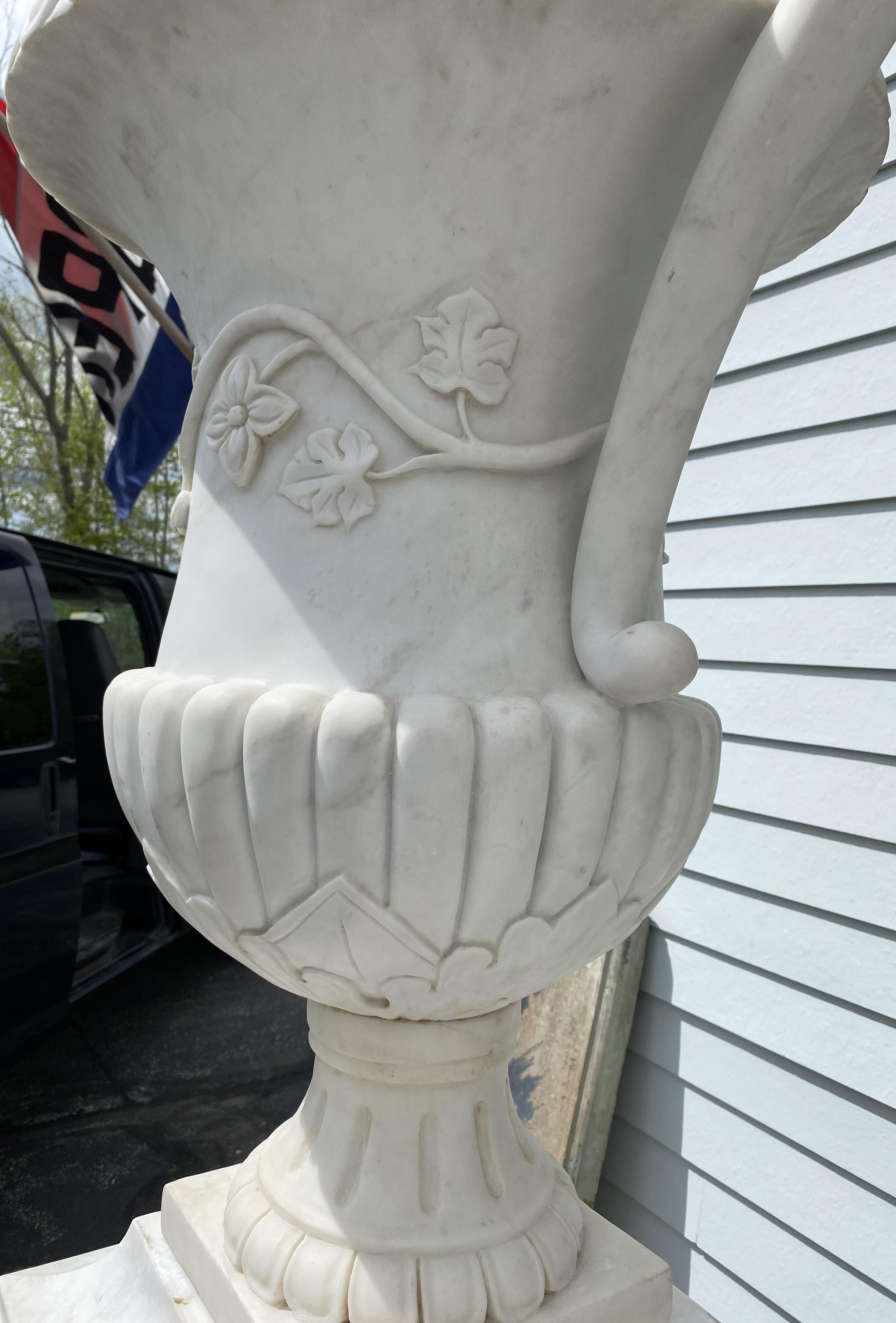 Spectacular Pair of White Marble Classic Form Handled Urns w/ Baluster Pedestals For Sale 8