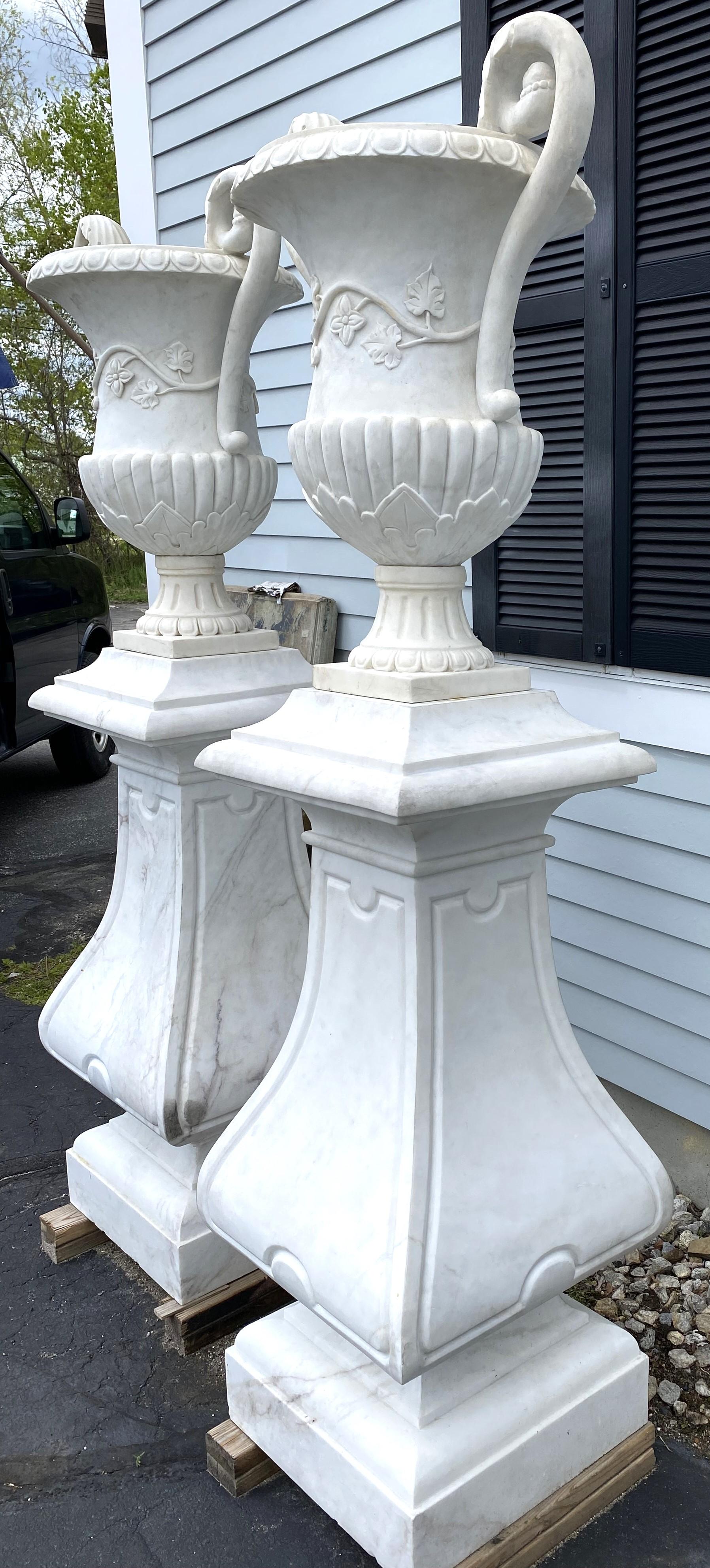 20th Century Spectacular Pair of White Marble Classic Form Handled Urns w/ Baluster Pedestals For Sale