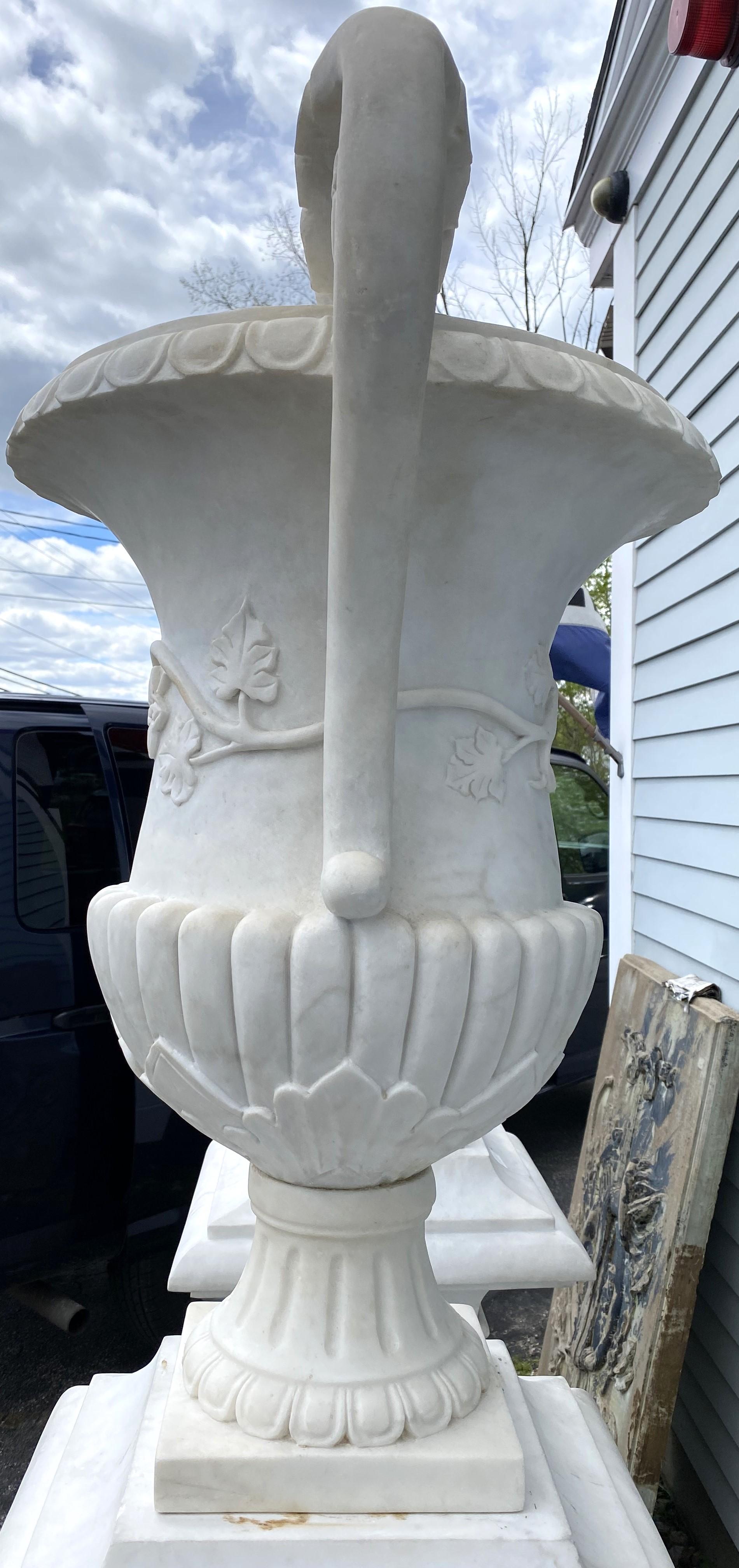 Spectacular Pair of White Marble Classic Form Handled Urns w/ Baluster Pedestals For Sale 1