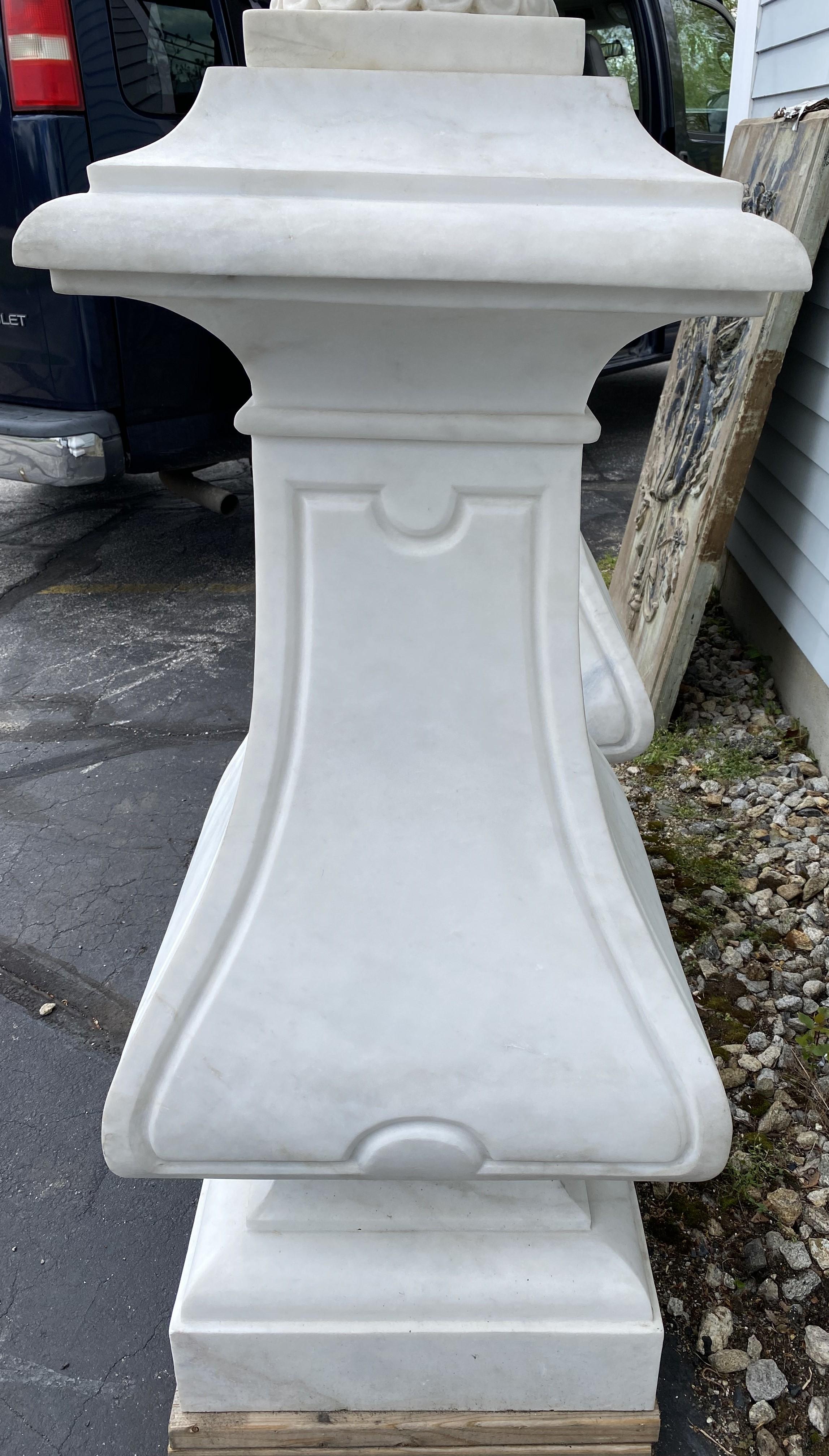 Spectacular Pair of White Marble Classic Form Handled Urns w/ Baluster Pedestals For Sale 2