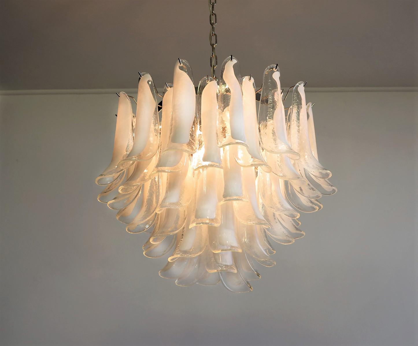 Spectacular Pair of White Petals Murano Glass Chandeliers 7