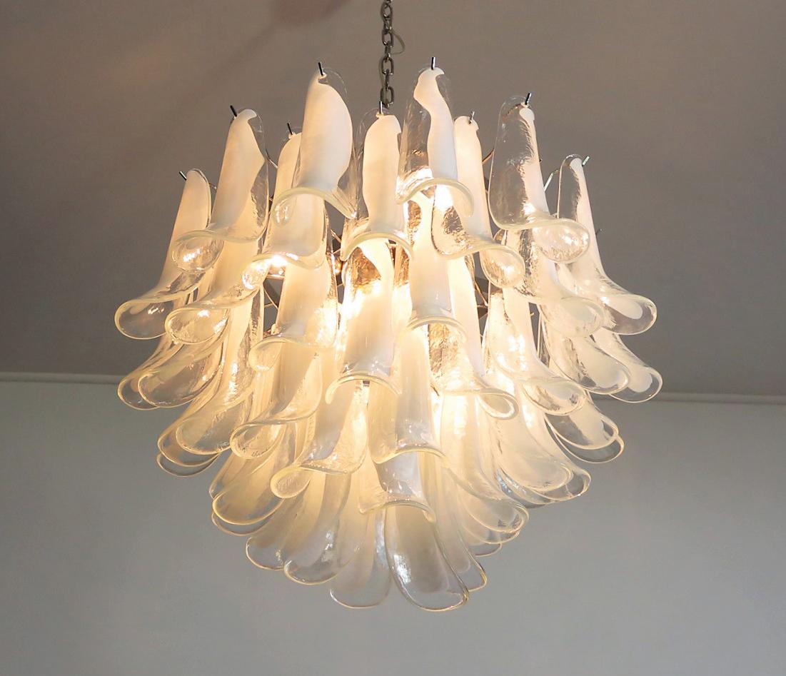 Spectacular Pair of White Petals Murano Glass Chandeliers 8
