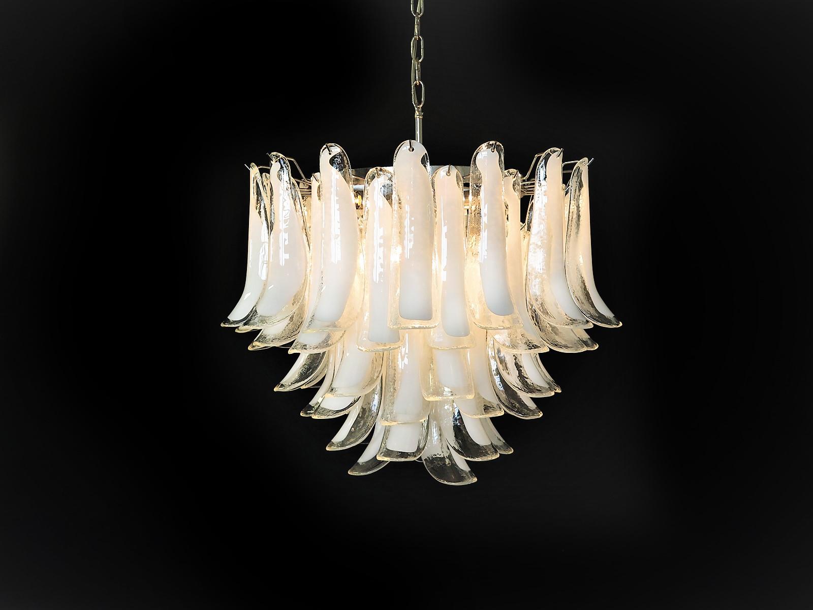 Spectacular Pair of White Petals Murano Glass Chandeliers 10