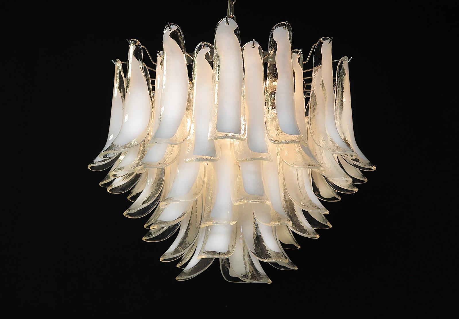 Spectacular Pair of White Petals Murano Glass Chandeliers 11