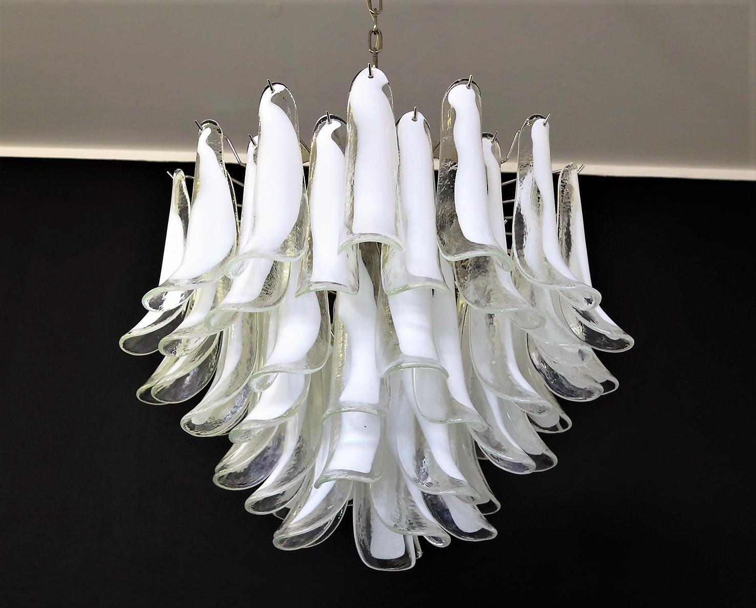 Spectacular Pair of White Petals Murano Glass Chandeliers 13