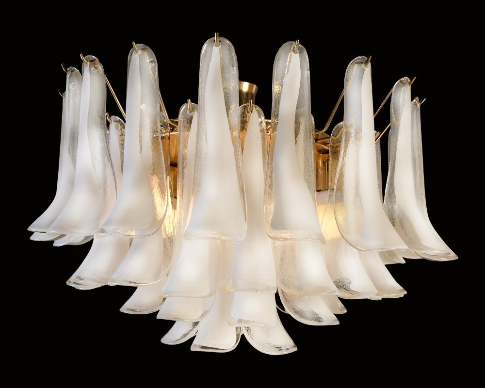 Charming Italian chandelier by Murano. Made by 52 glass petals white lattimo. Measures: Height cm 80, diameter cm 65.