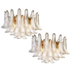 Spectacular Pair of White Petals Murano Glass Chandeliers