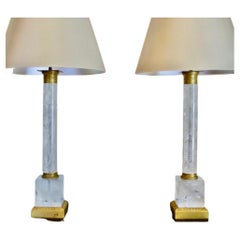 Spectacular Pair Ormolu Bronze Mounted Rock Crystal Column Form Table Lamps