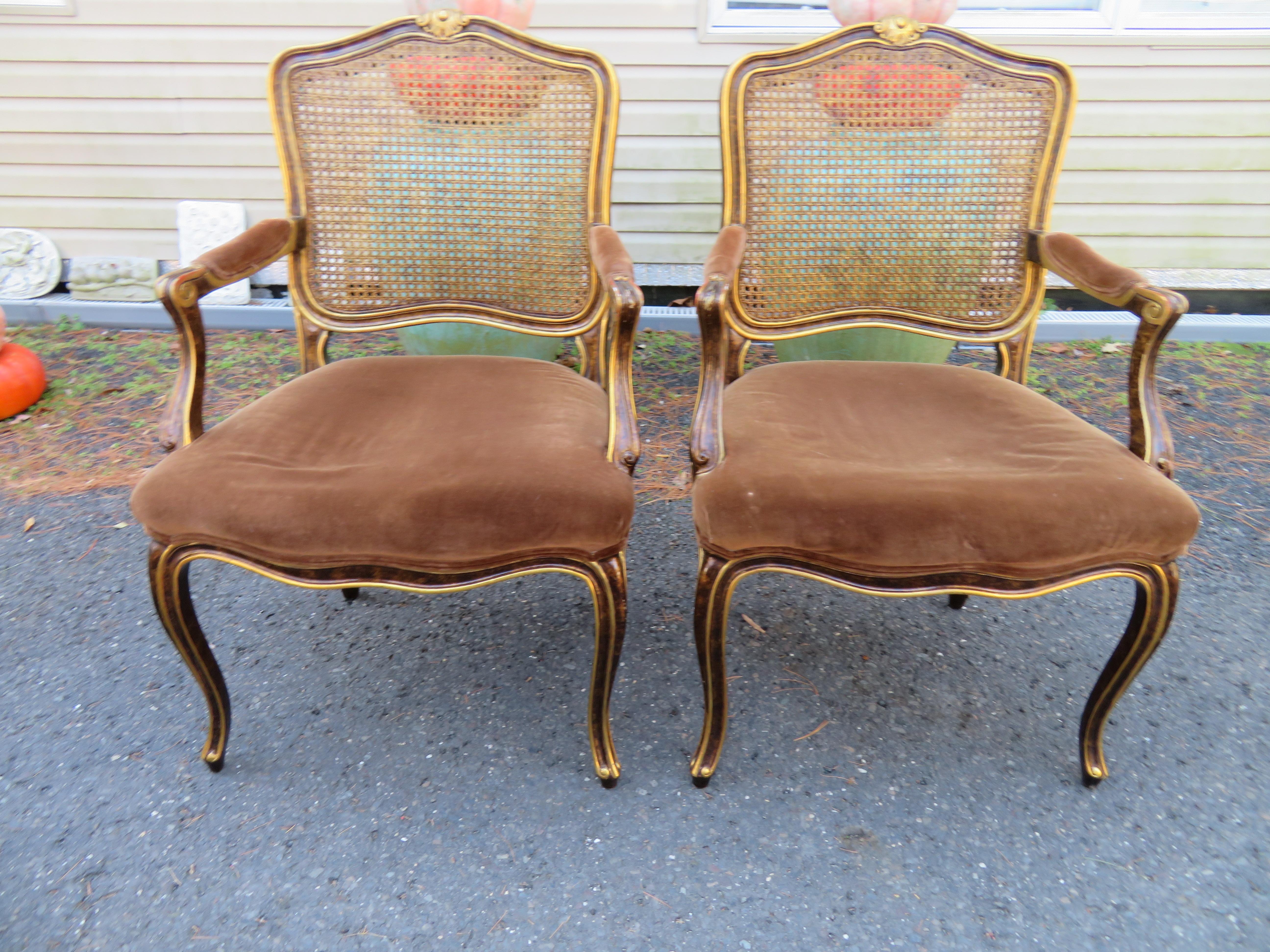 Spectacular pair of John Widdicomb caned back Louis XV Fauteuils chairs. We love the stunning original tortoise shell finish with gold details. These chairs retain their original chocolate brown velvet in presentable condition-we actually love the