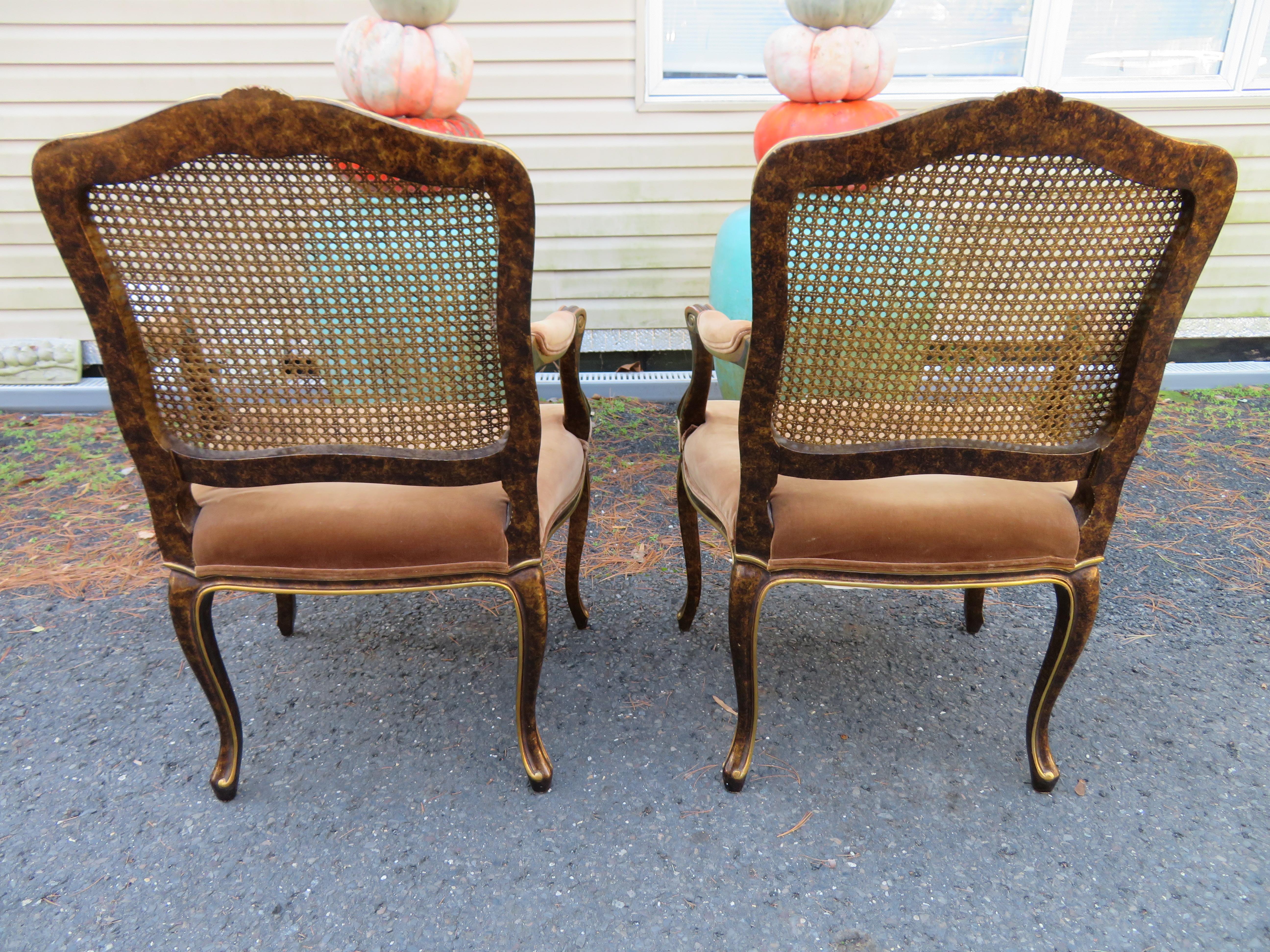 Spectacular Pair Widdicomb Louis XV Fauteuil Chairs Tortoise Shell Caned Back In Good Condition For Sale In Pemberton, NJ