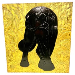 Spectacular Paul Jouve Art Deco Hand Carved Panther Wooden Wall Panel