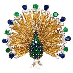 Vintage Spectacular Peacock Brooch by Meister in 18 Karat Yellow and White Gold