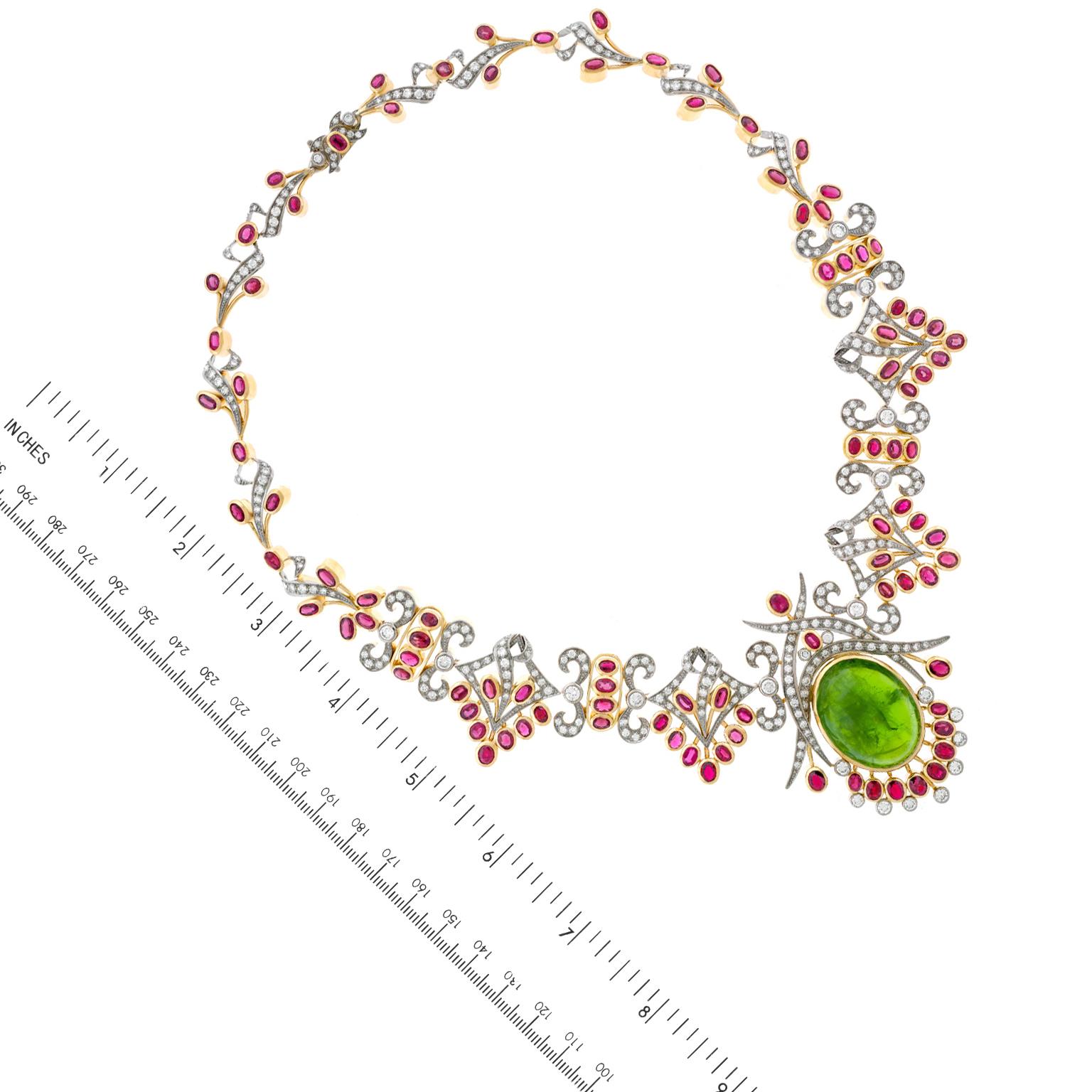 Cabochon Spectacular Peridot Garnet and Diamond Set Gold Necklace