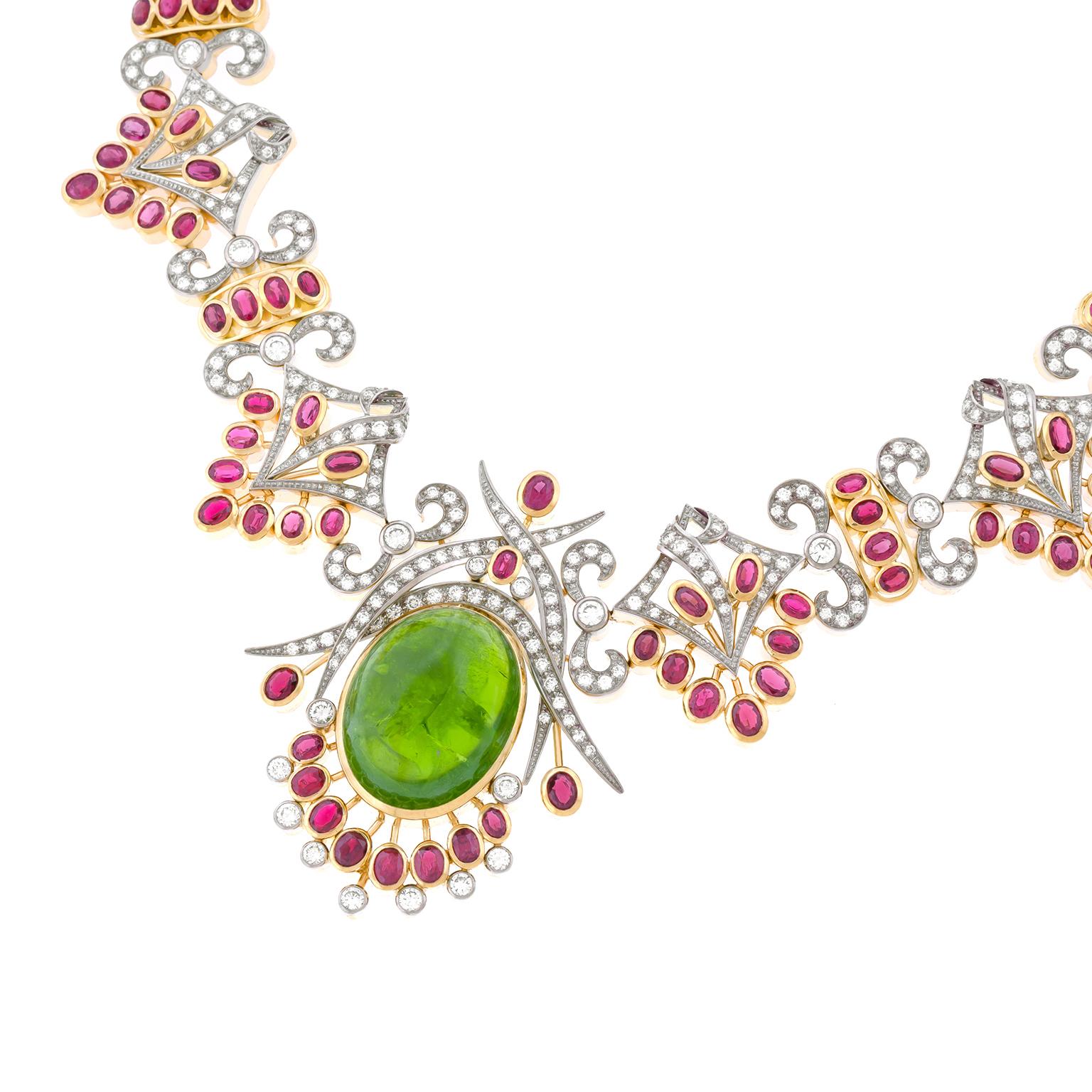 Spectacular Peridot Garnet and Diamond Set Gold Necklace In Excellent Condition In Litchfield, CT