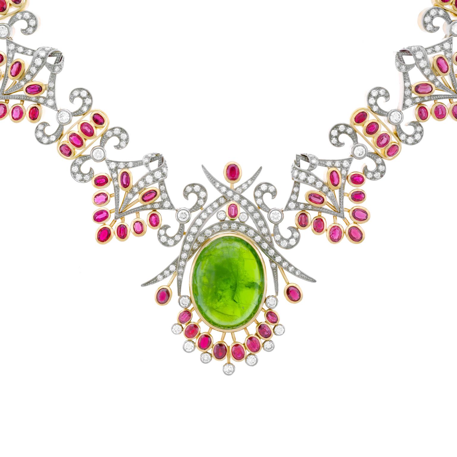 Women's Spectacular Peridot Garnet and Diamond Set Gold Necklace