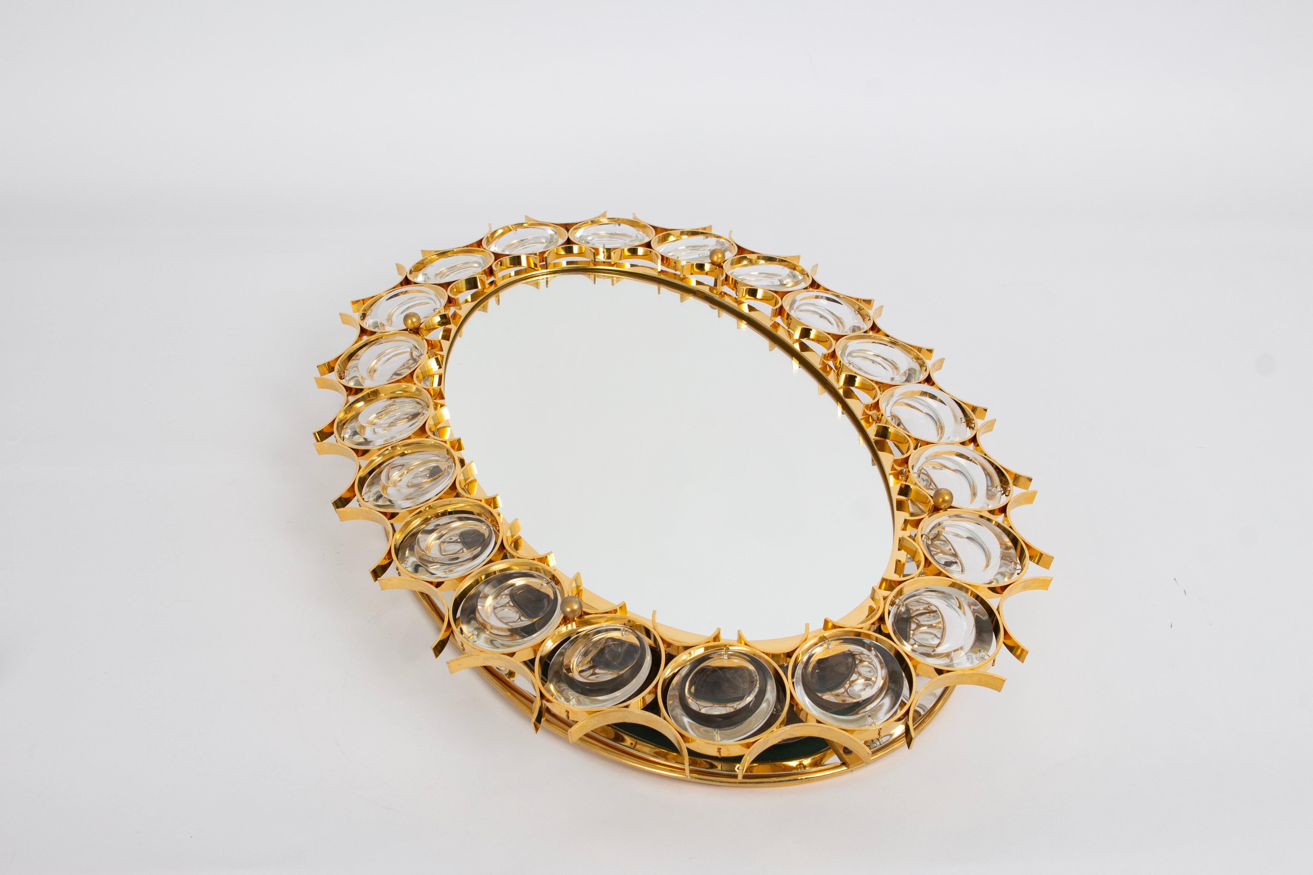 Gold Plate Spectacular petite Backlit Mirror Gilded Brass, Crystal Glass by Palwa, Germany For Sale