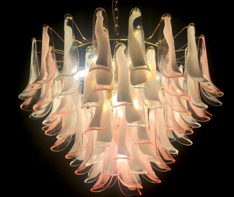 Spectacular Pink and White Murano Glass Petals Chandelier with Brass Frame For Sale 3