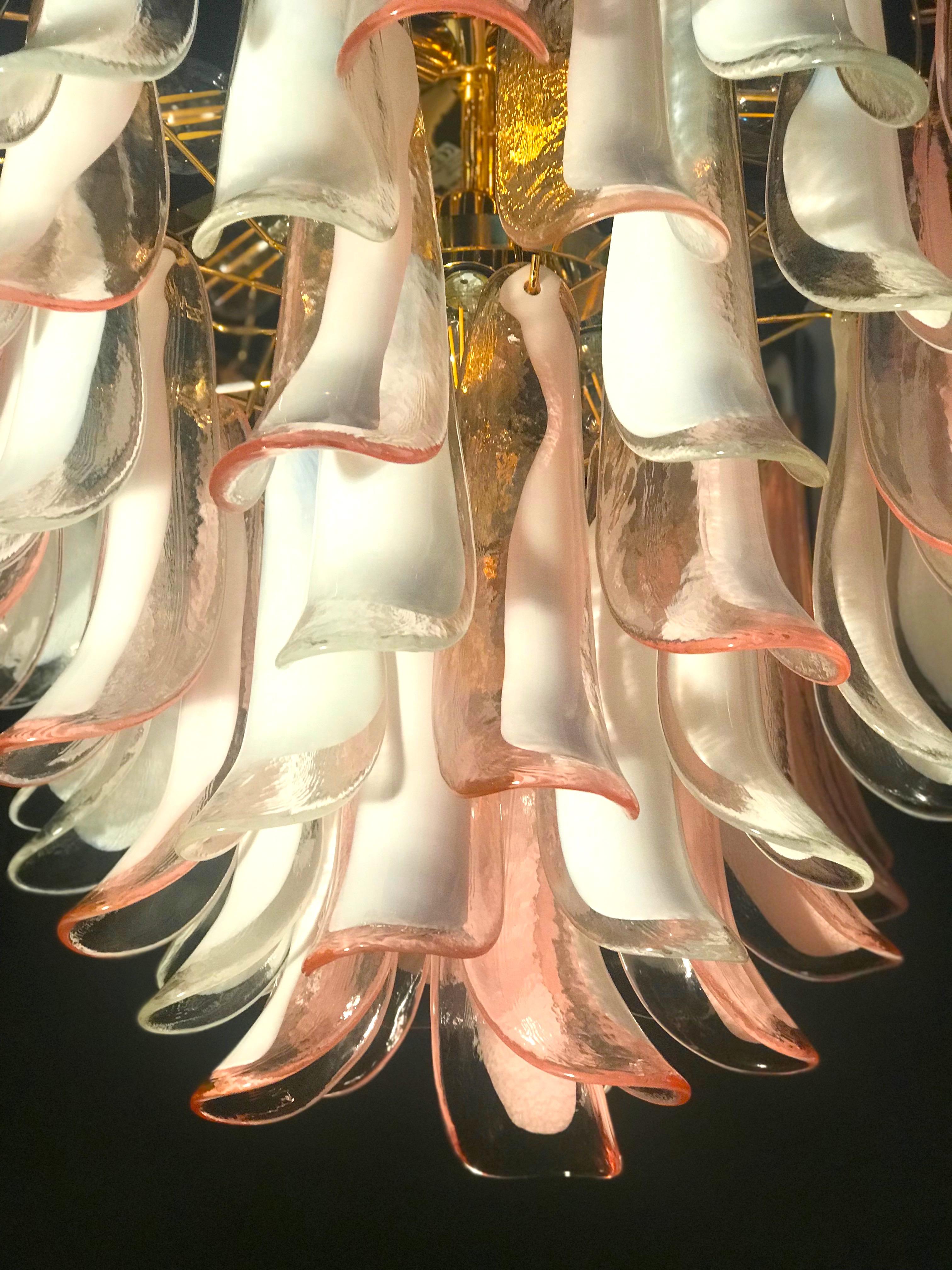 Spectacular Pink and White Murano Glass Petals Chandelier with Brass Frame For Sale 3