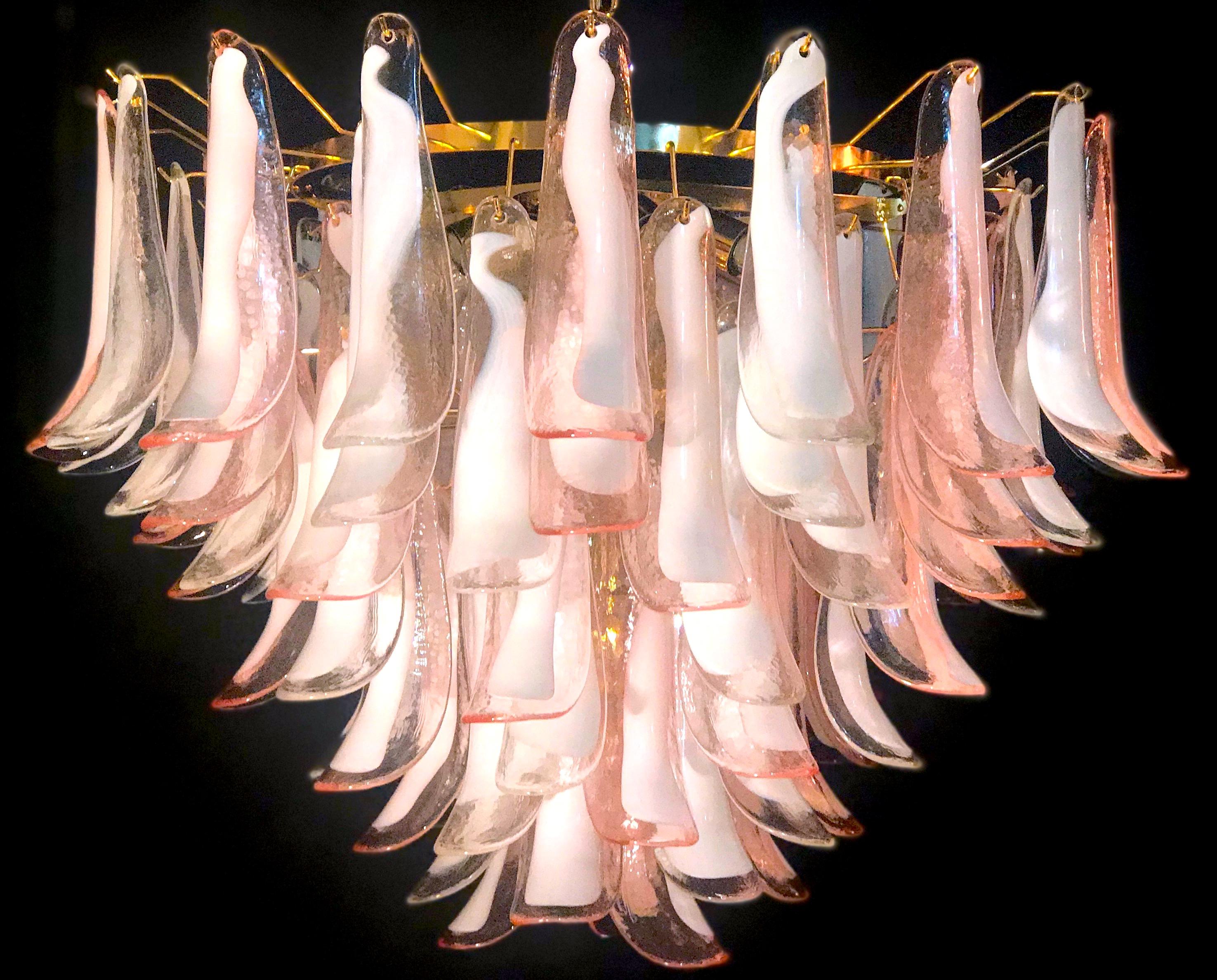 Spectacular Pink and White Murano Glass Petals Chandelier with Brass Frame For Sale 7