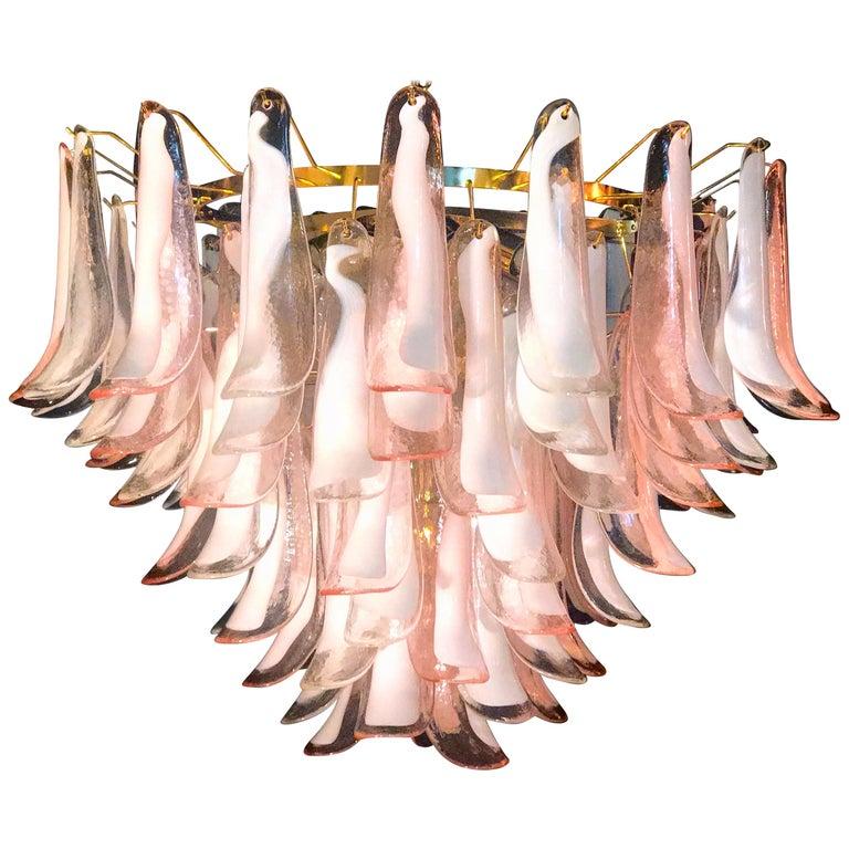 Spectacular Pink and White Murano Glass Petals Chandelier with Brass Frame For Sale 8