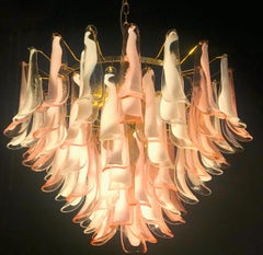Spectacular Pink and White Murano Glass Petals Chandelier with Brass Frame
