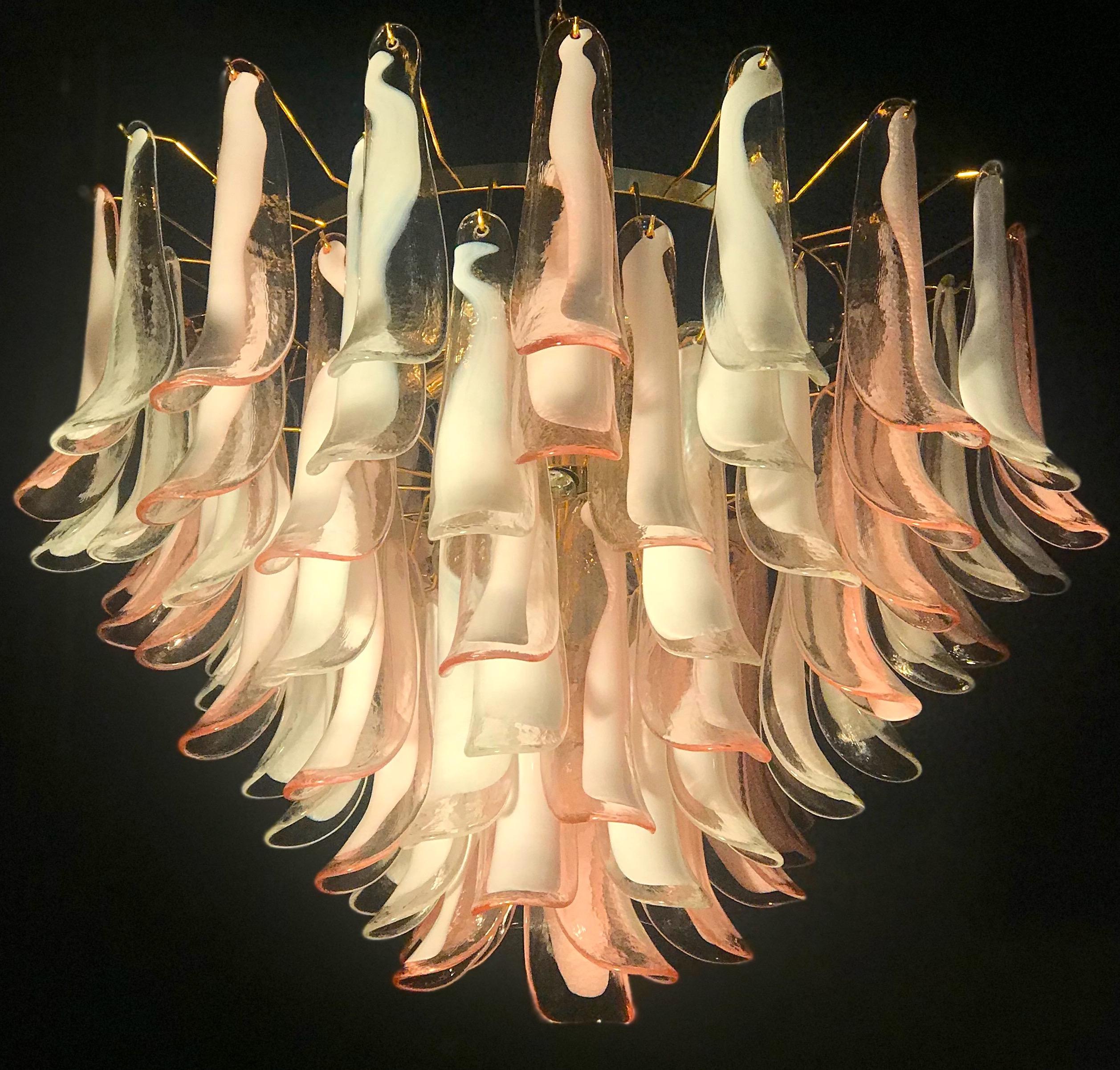 Modern Spectacular Pink and White Murano Glass Petals Chandelier with Brass Frame