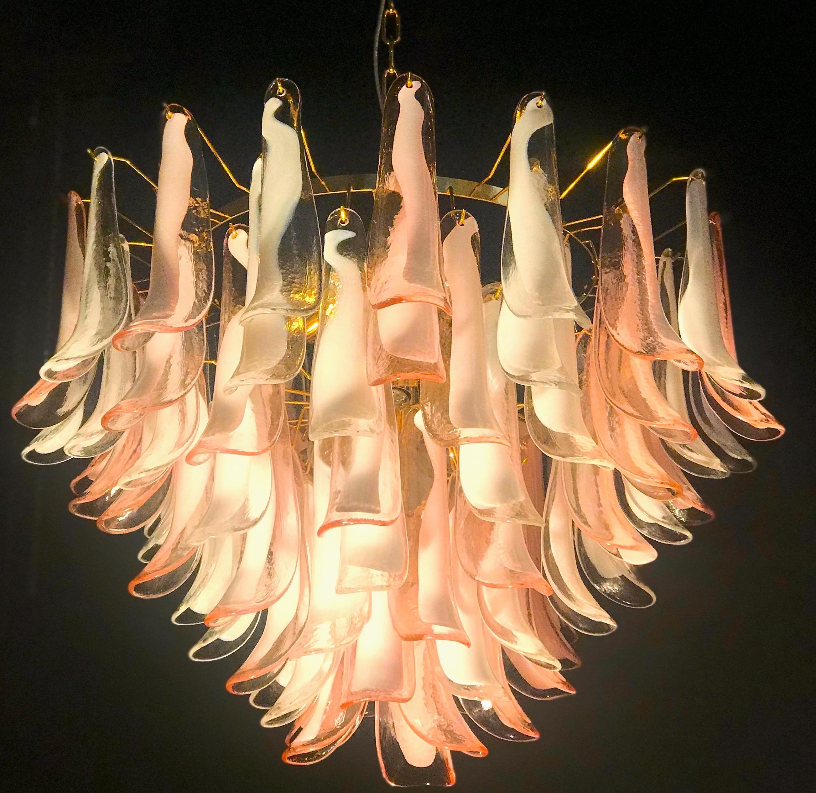 Modern Spectacular Pink and White Murano Glass Petals Chandelier with Brass Frame For Sale