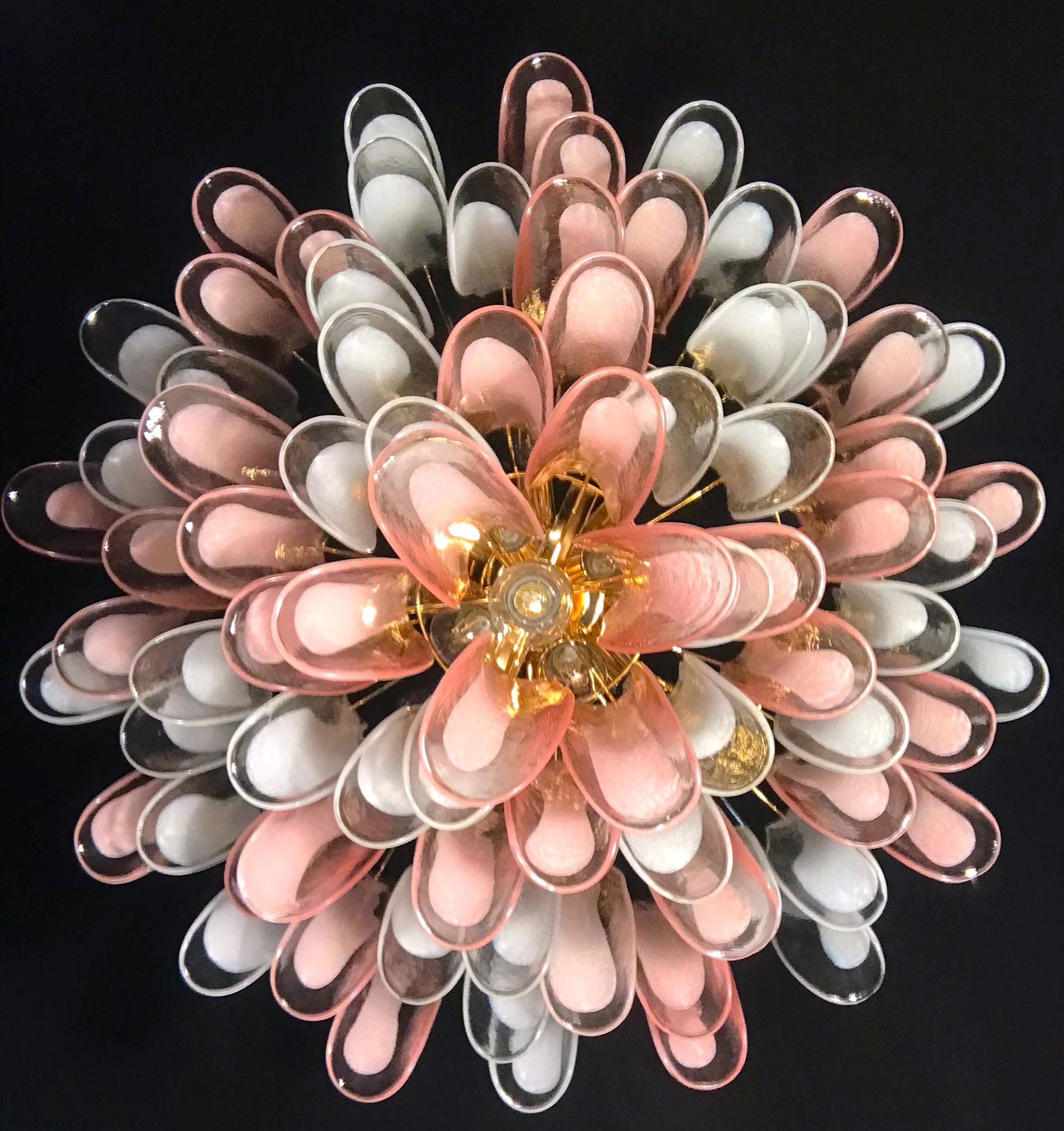 Modern Spectacular Pink and White Murano Glass Petals Chandelier with Brass Frame For Sale