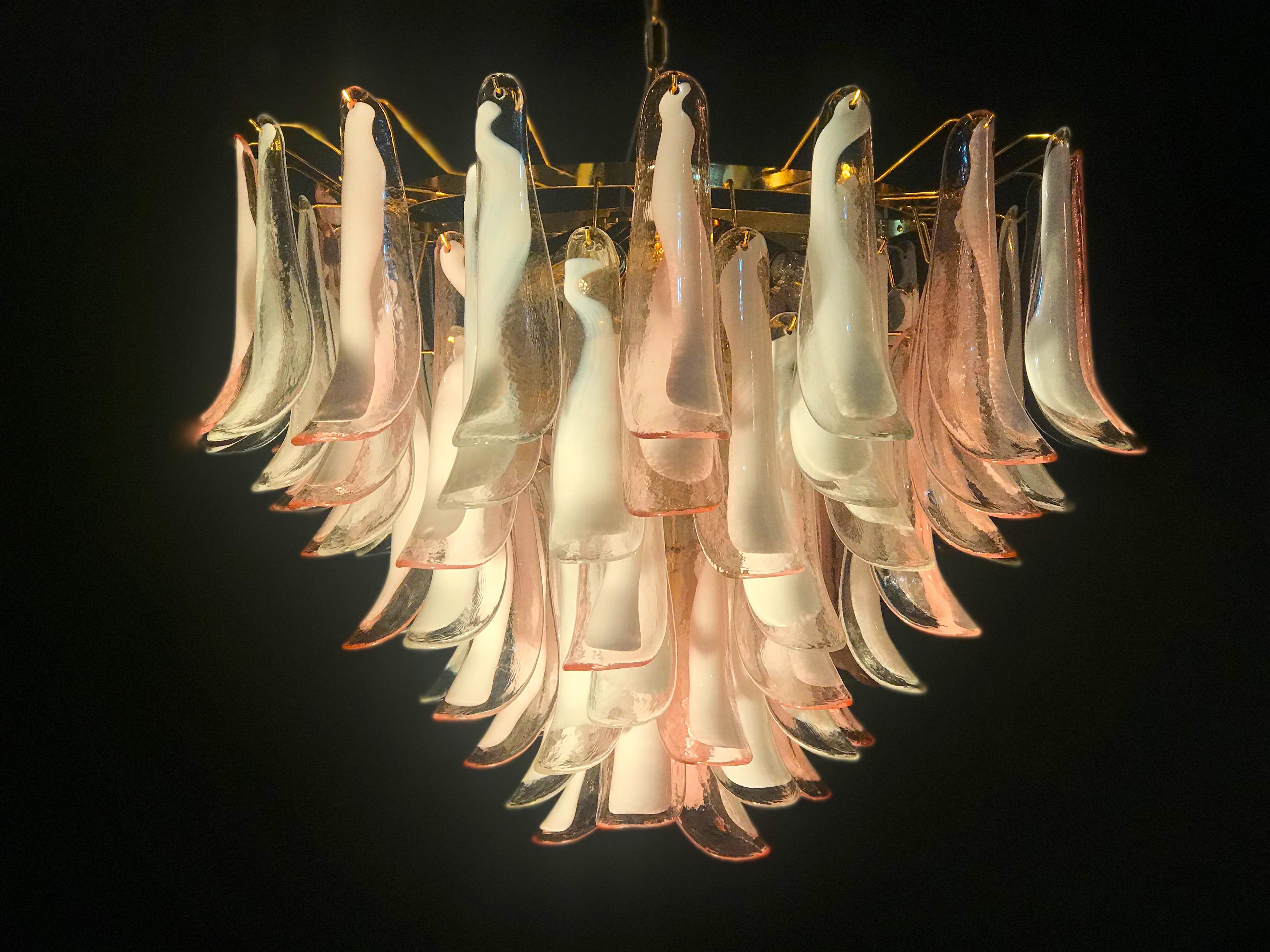 Italian Spectacular Pink and White Murano Glass Petals Chandelier with Brass Frame