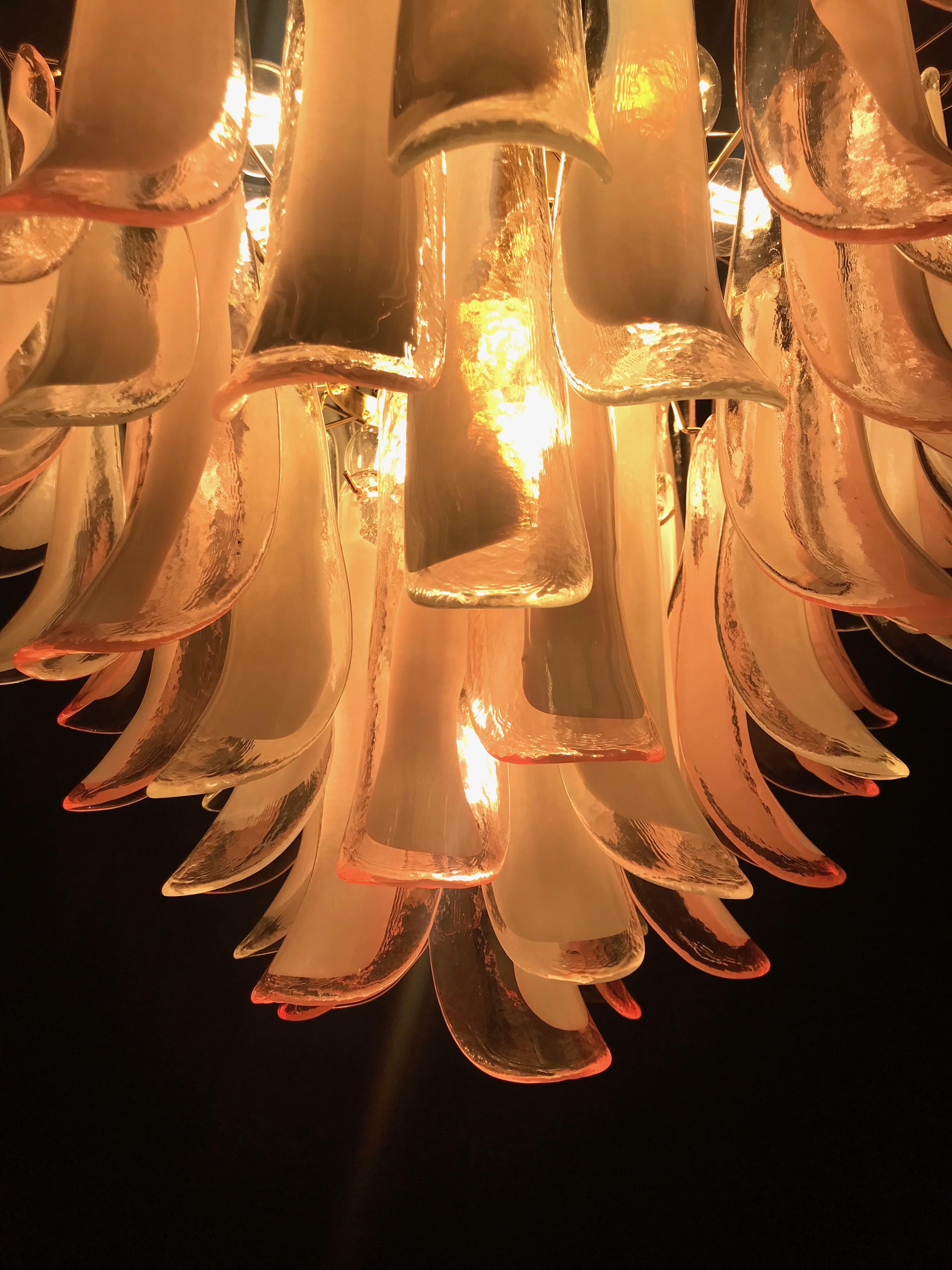 Blown Glass Spectacular Pink and White Murano Glass Petals Chandelier with Brass Frame For Sale