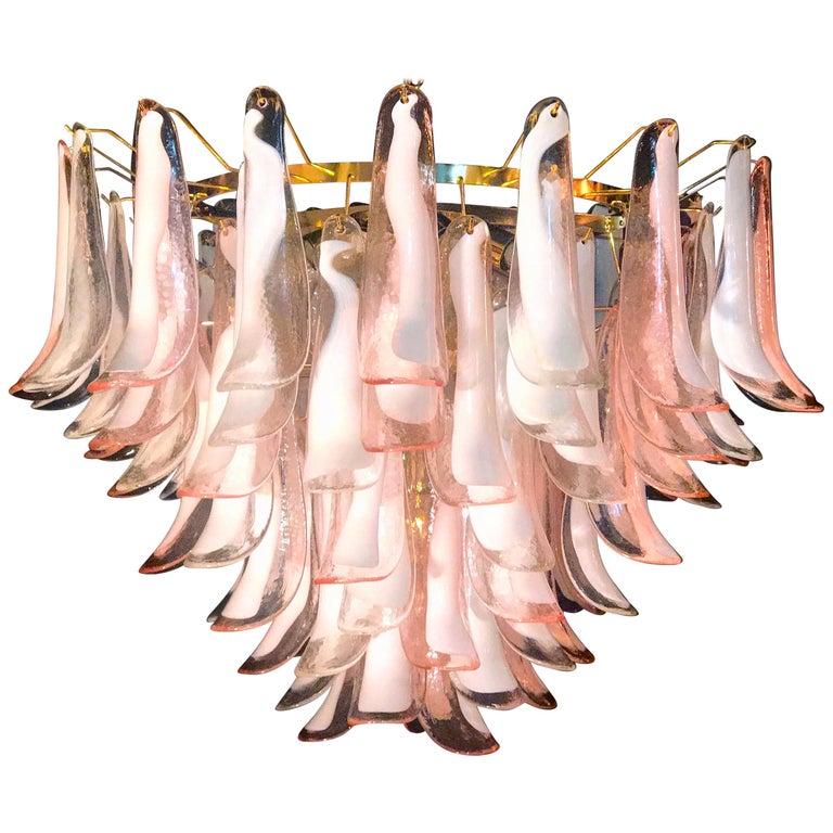 Spectacular Pink and White Murano Glass Petals Chandelier with Brass Frame For Sale