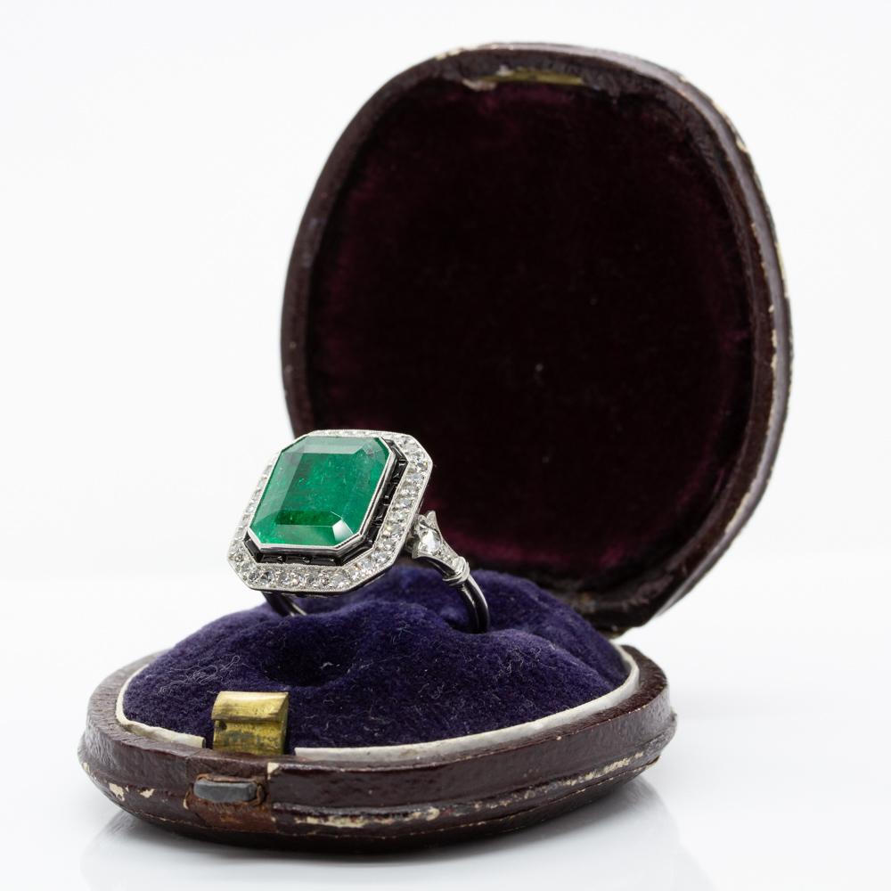 Women's or Men's Platinum Emerald, Diamonds and Onyxes Ring