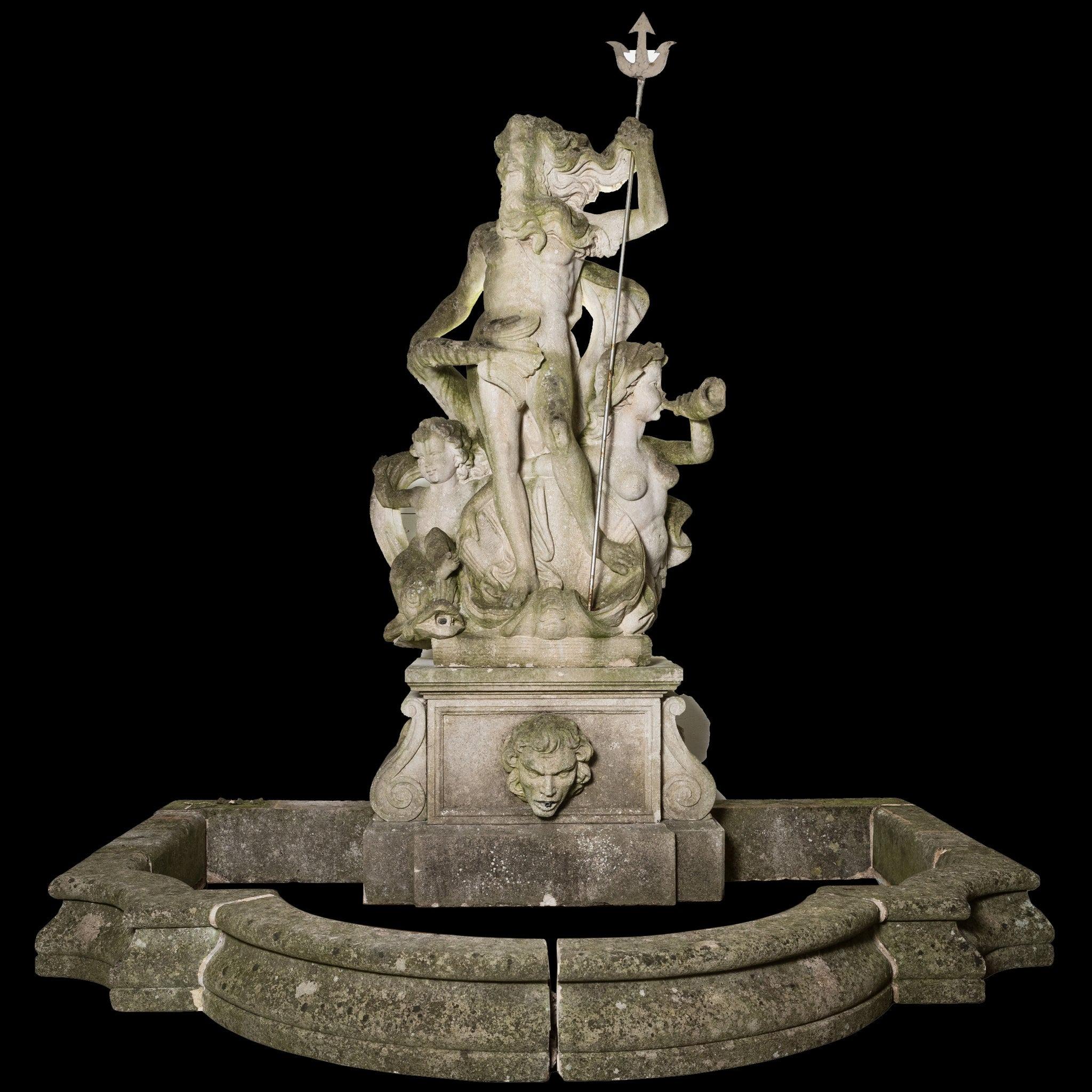 A truly spectacular piece, this Portland stone fountain provides an impressive garden feature.

A strong and daunting figure of Neptune dominates the centre gripping his trident, clearly conveying his control over the waters. Neptune, the god of the