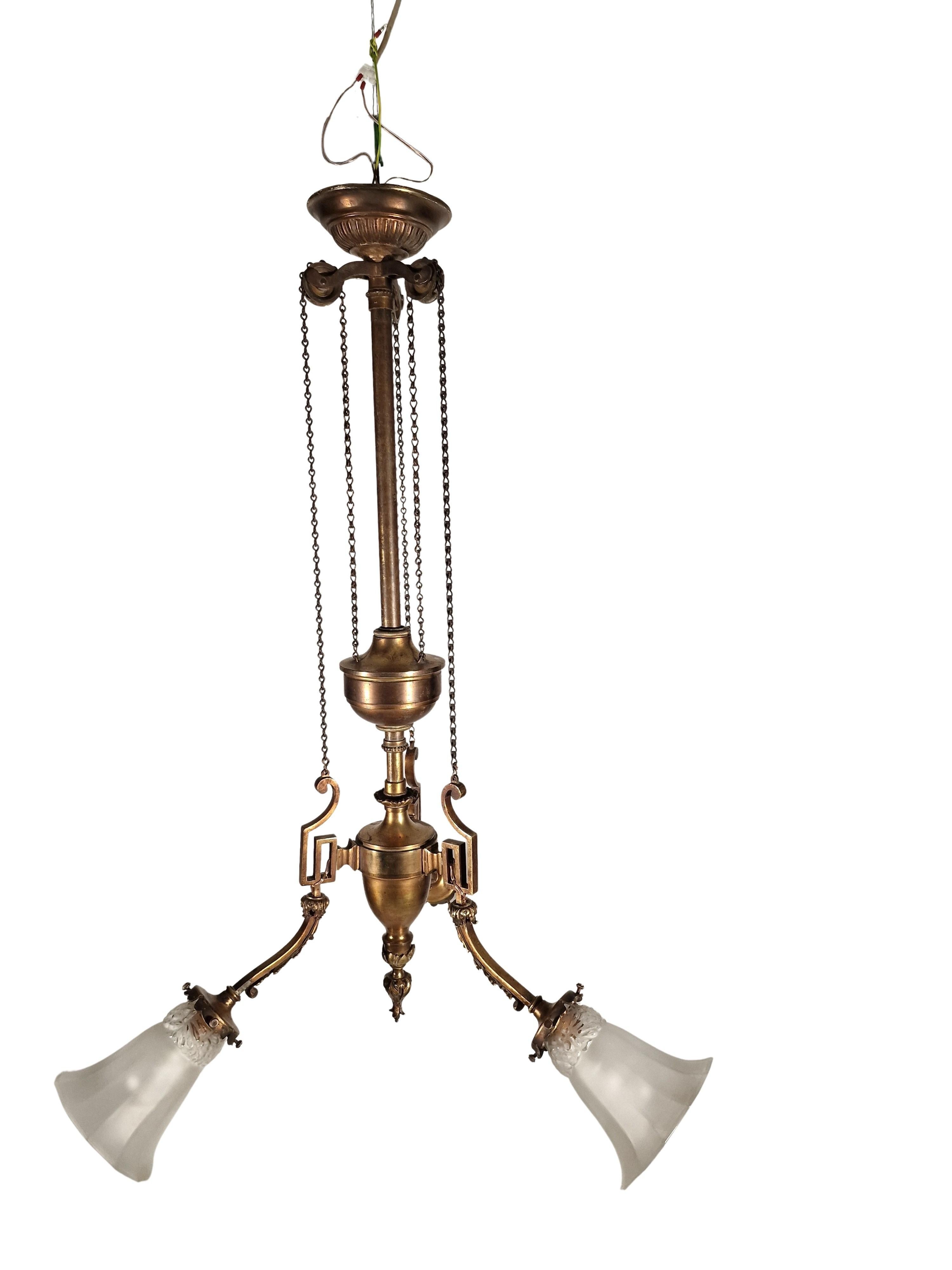 Spectaculaire lustre suspendu en laiton massif et bronze, Autriche, 1910 en vente 3